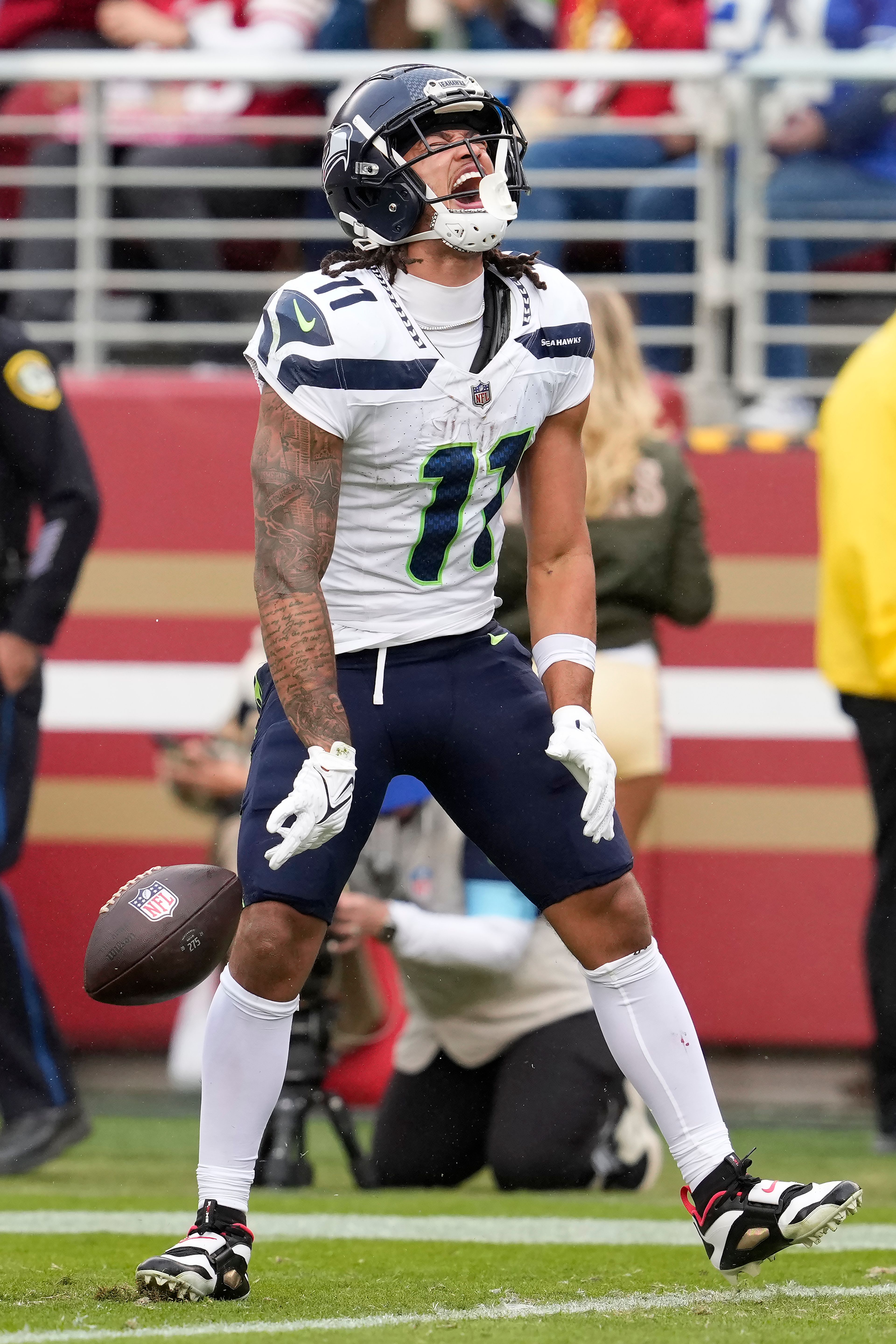 Seattle Seahawks wide receiver Jaxon Smith-Njigba (11) reacts after catching a pass against the San Francisco 49ers during the second half of an NFL football game in Santa Clara, Calif., Sunday, Nov. 17, 2024. (AP Photo/Godofredo A. VÃ¡squez)