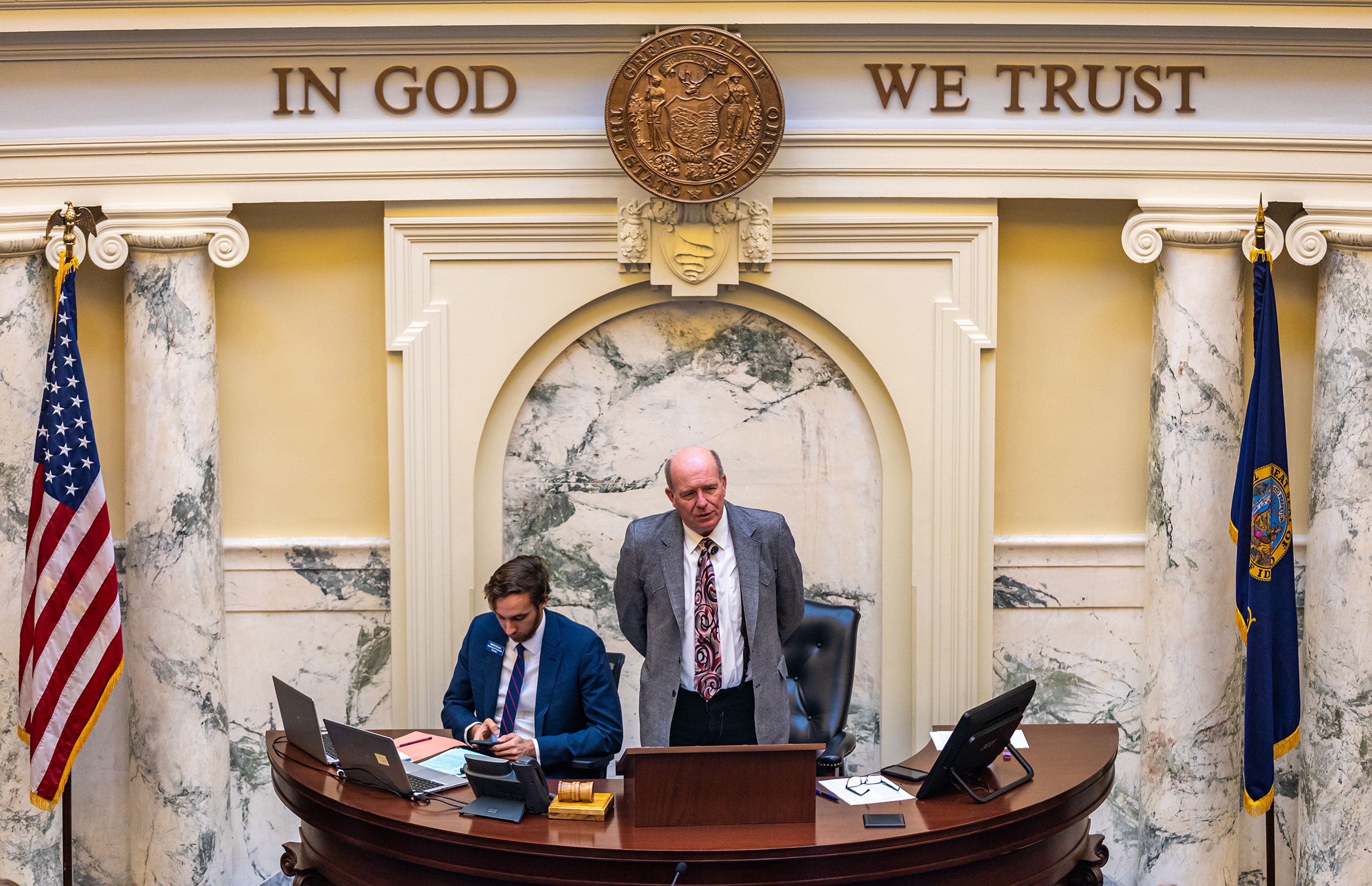 House Speaker Mike Moyle leads a legislative session Tuesday regarding a ban on transgender care for minors at the Capitol Building in Boise.