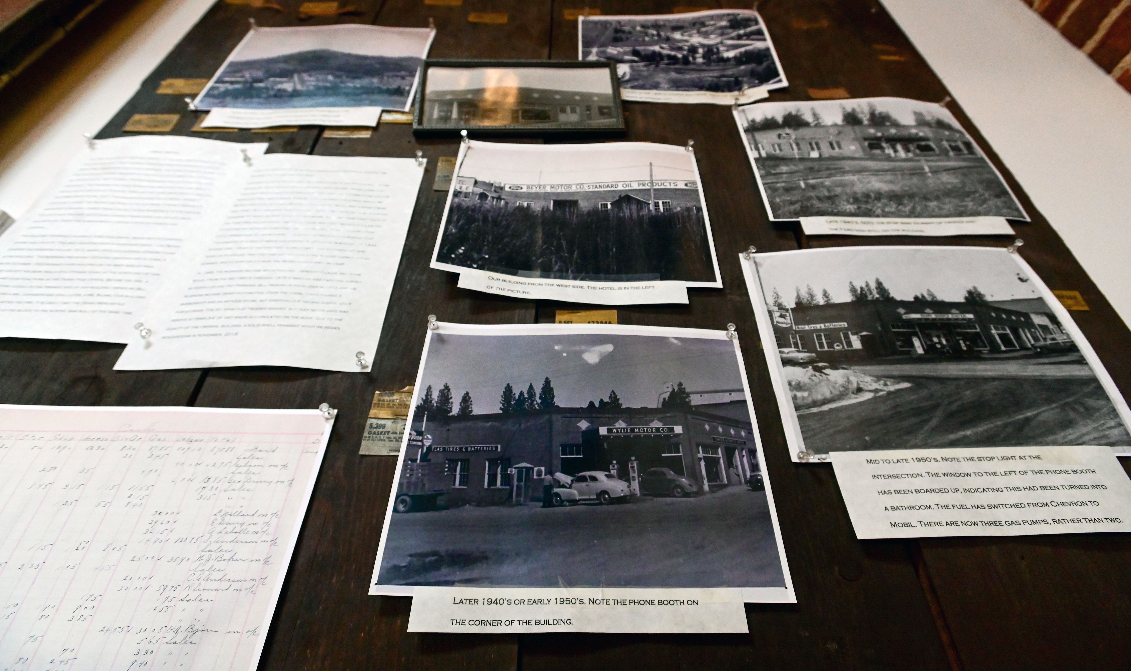 A space in the back of The Pie Safe Bakery notates the previous known uses of the historic building that the cafe operates out of in Deary on Wednesday.