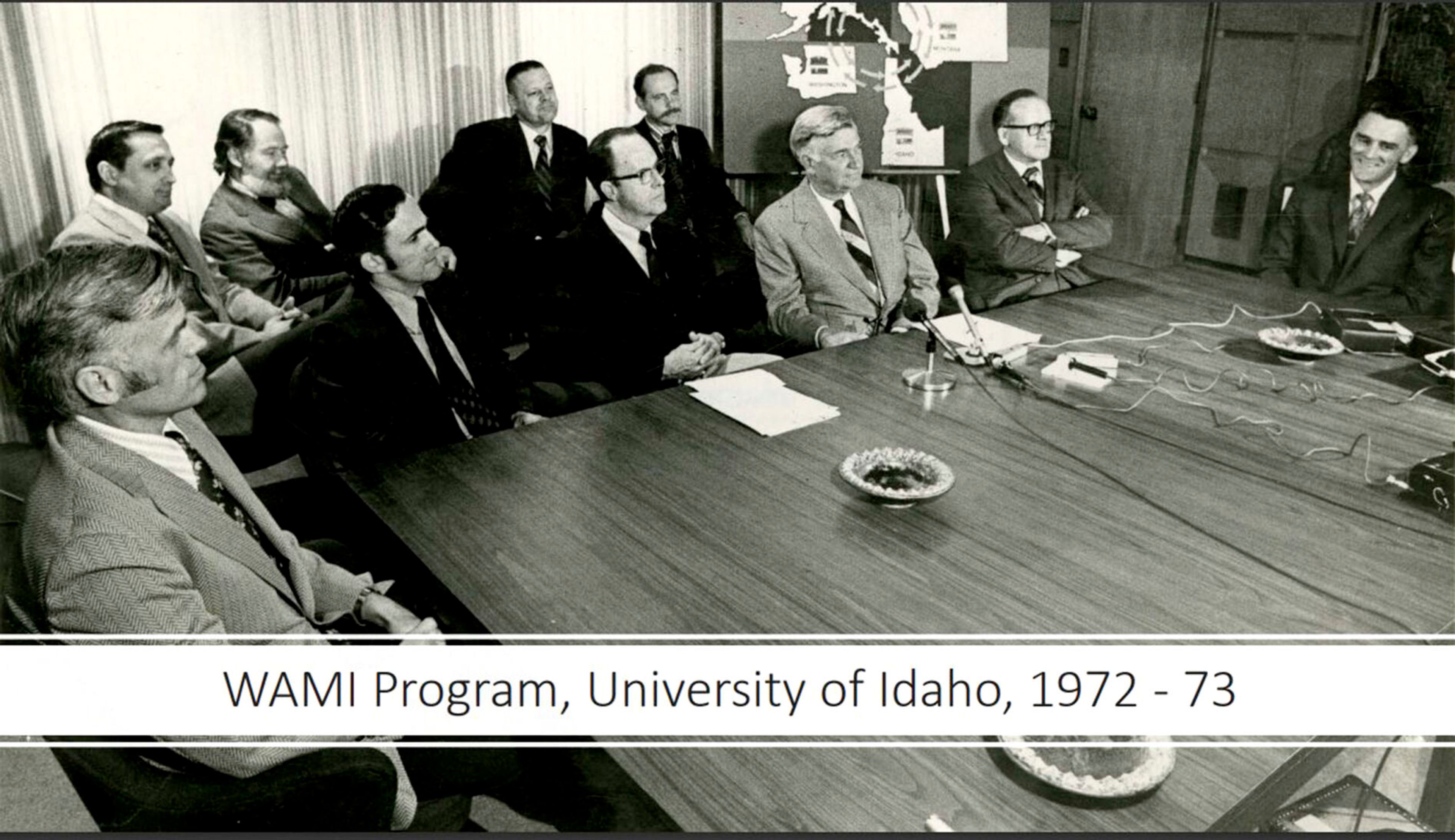 University of Idaho WAMI program members are photo graced including Dr. Petersdorf, head internal medicine, Dr. Emroy Schwartz, brainchild of program, Dr. Van Citters, dean of medical school, Dr. Jack Lean, in twead jacket and striped tie and Dr. Ron Adkin.