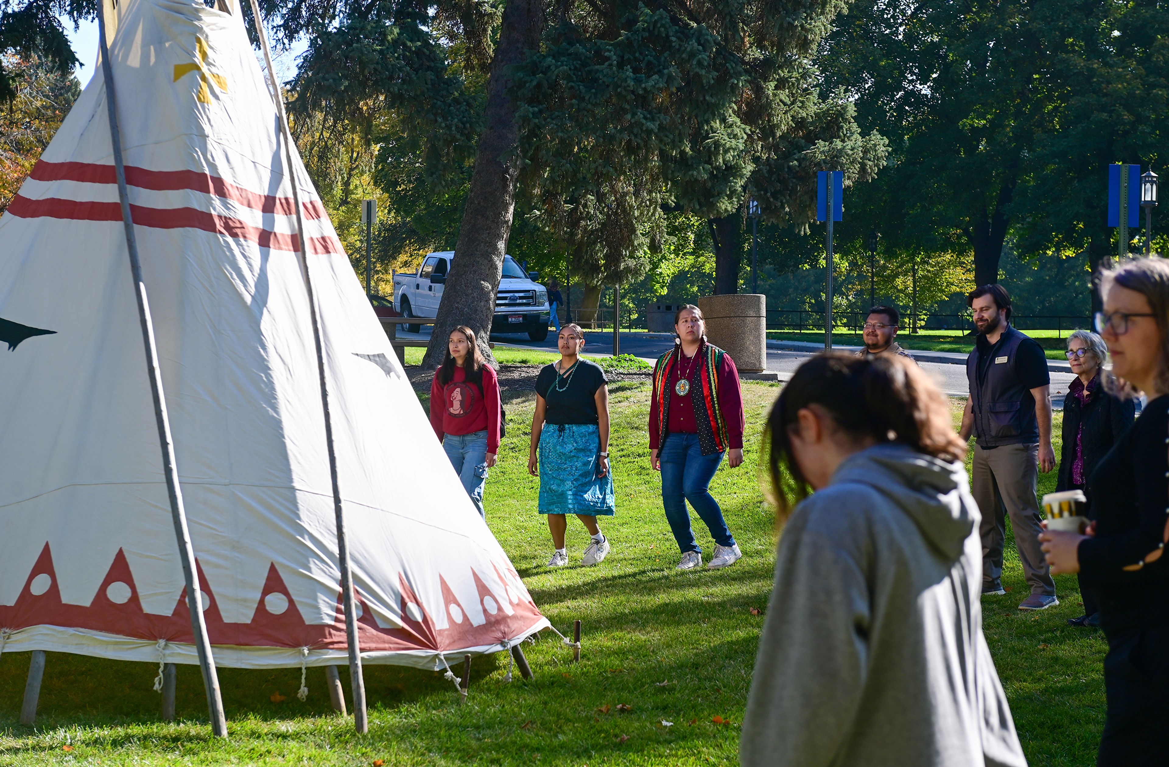 People take part in round dances Monday during the Indigenous Peoples Day event hosted by the University of Idaho Native American Student Center on campus in Moscow.