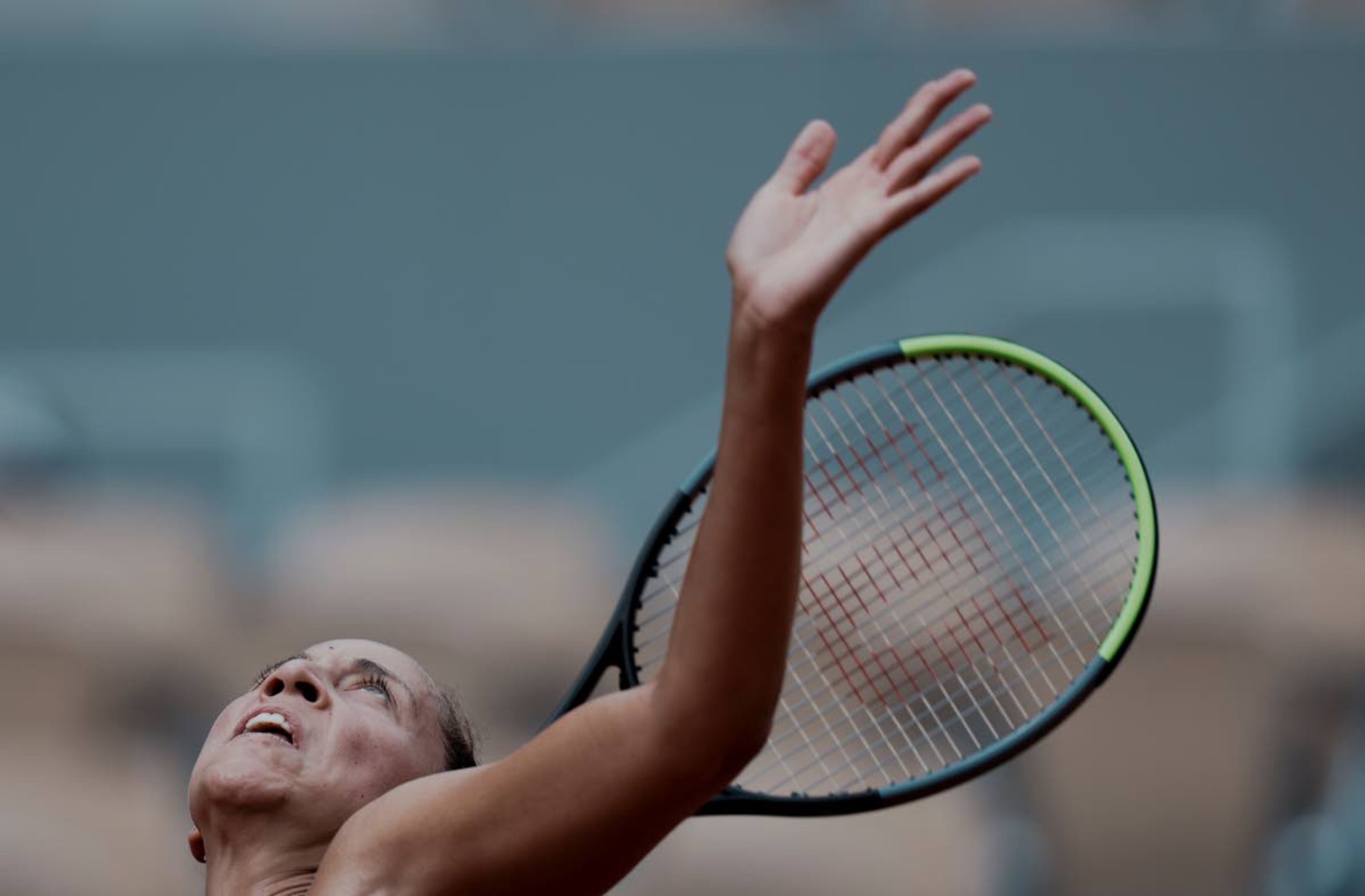 United Staes's Madison Keys serves to Belarus's Victoria Azarenka during their third round match on day 6, of the French Open tennis tournament at Roland Garros in Paris, France, Friday, June 4, 2021. (AP Photo/Thibault Camus)