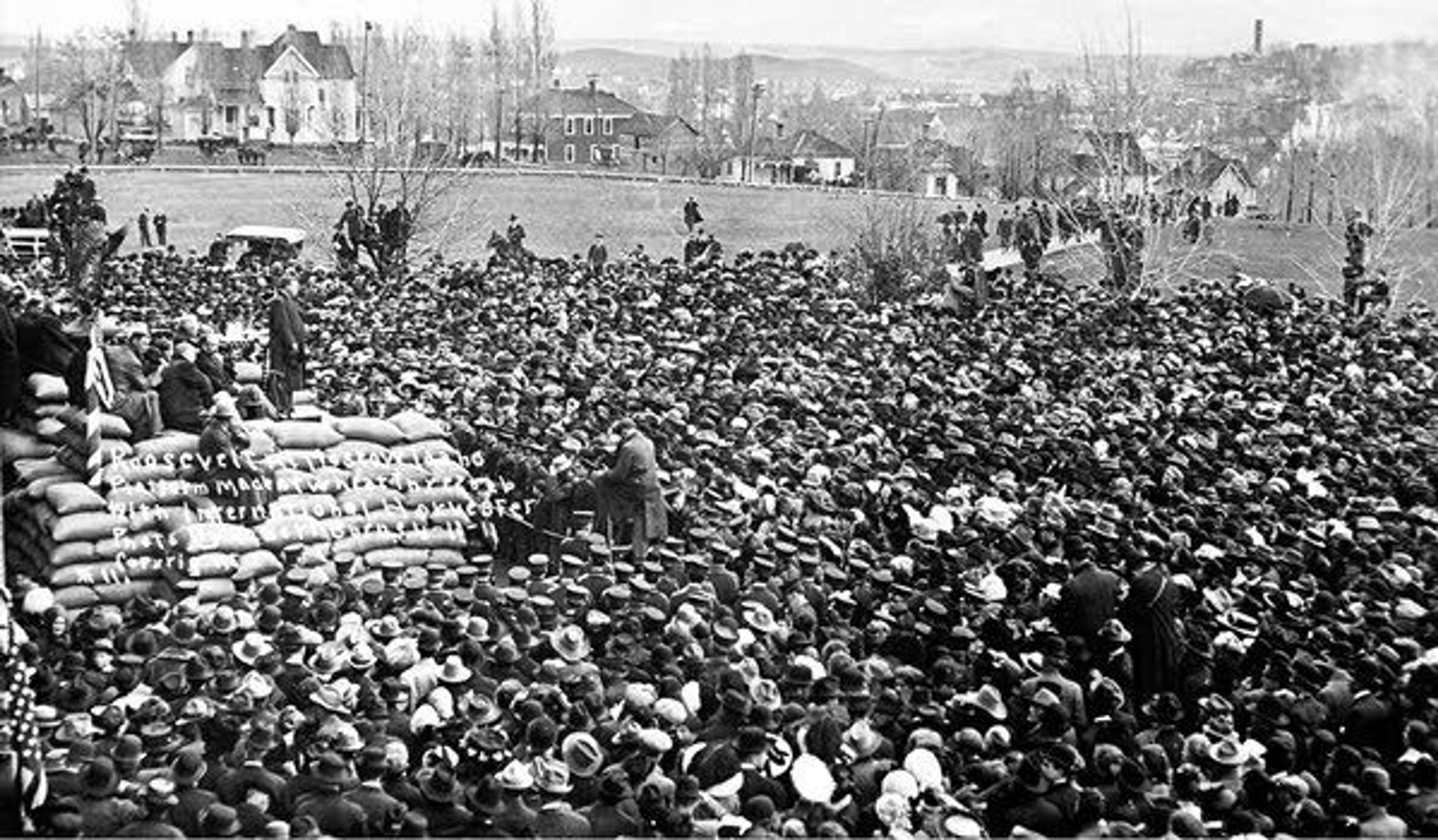 Courtesy University of Idaho Library Special Collections and ArchivesTheodore Roosevelt speaking at the University of Idaho in 1911, while standing in front of the Administration Building on a platform made of bags of wheat. By this time the Palouse had established its reputation as a superior wheat growing region.