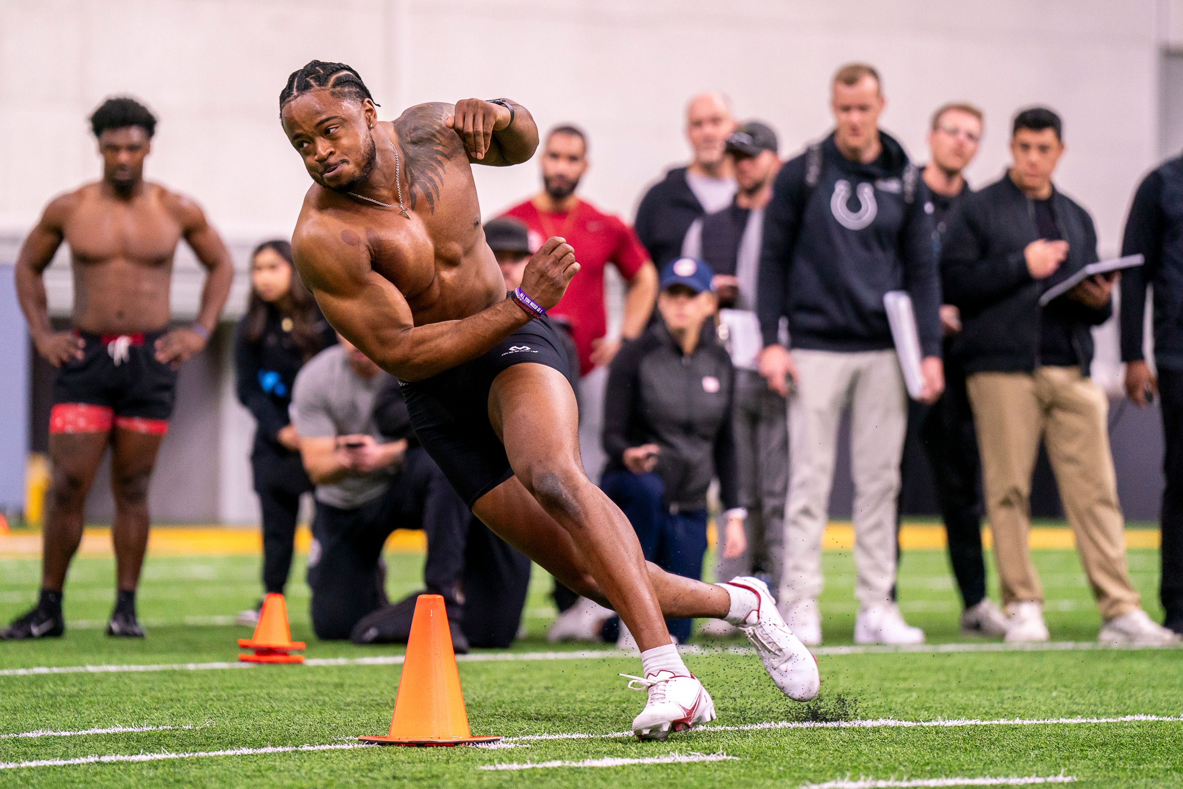 Washington State’s Devin Richardson participates in a drill during Idaho and Washington State’s joint NFL Pro Day on March 27 at the Kibbie Dome in Moscow.