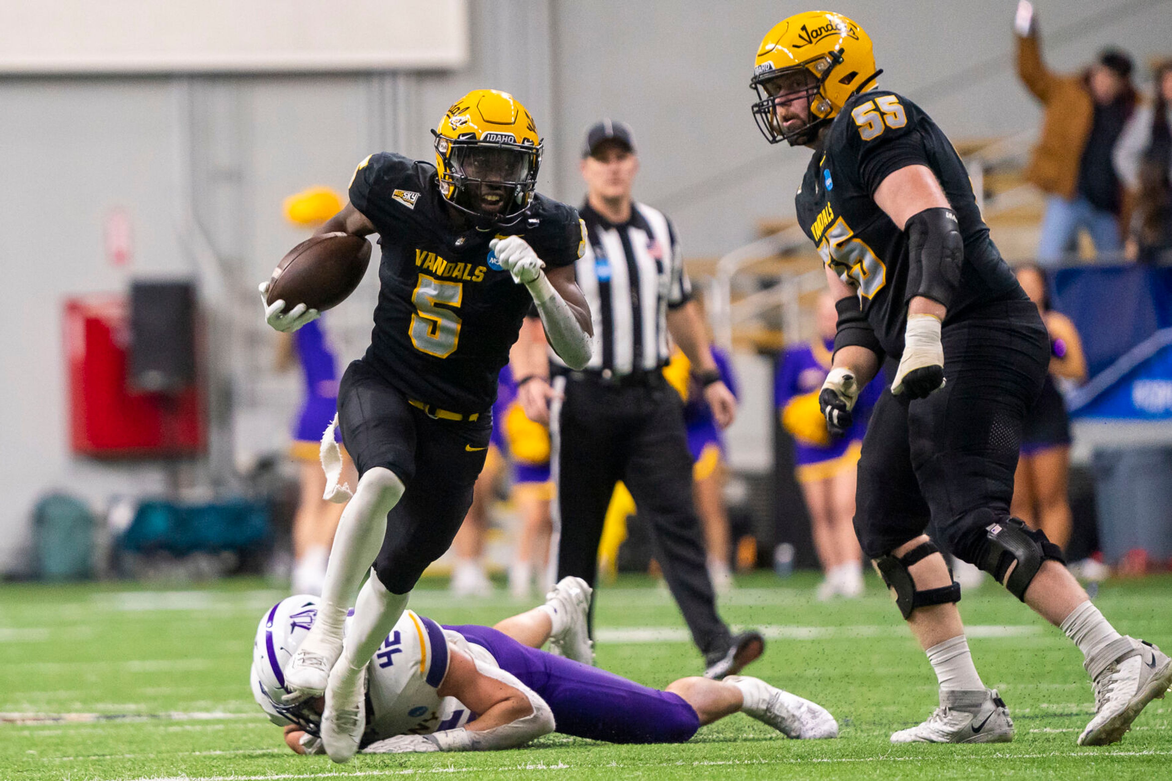 Idaho Vandals running back Anthony Woods (5) runs the ball during their game against Albany in the third round of the 2023 Division I FCS Football Championship on Saturday inside the Kibbie Dome in Moscow.