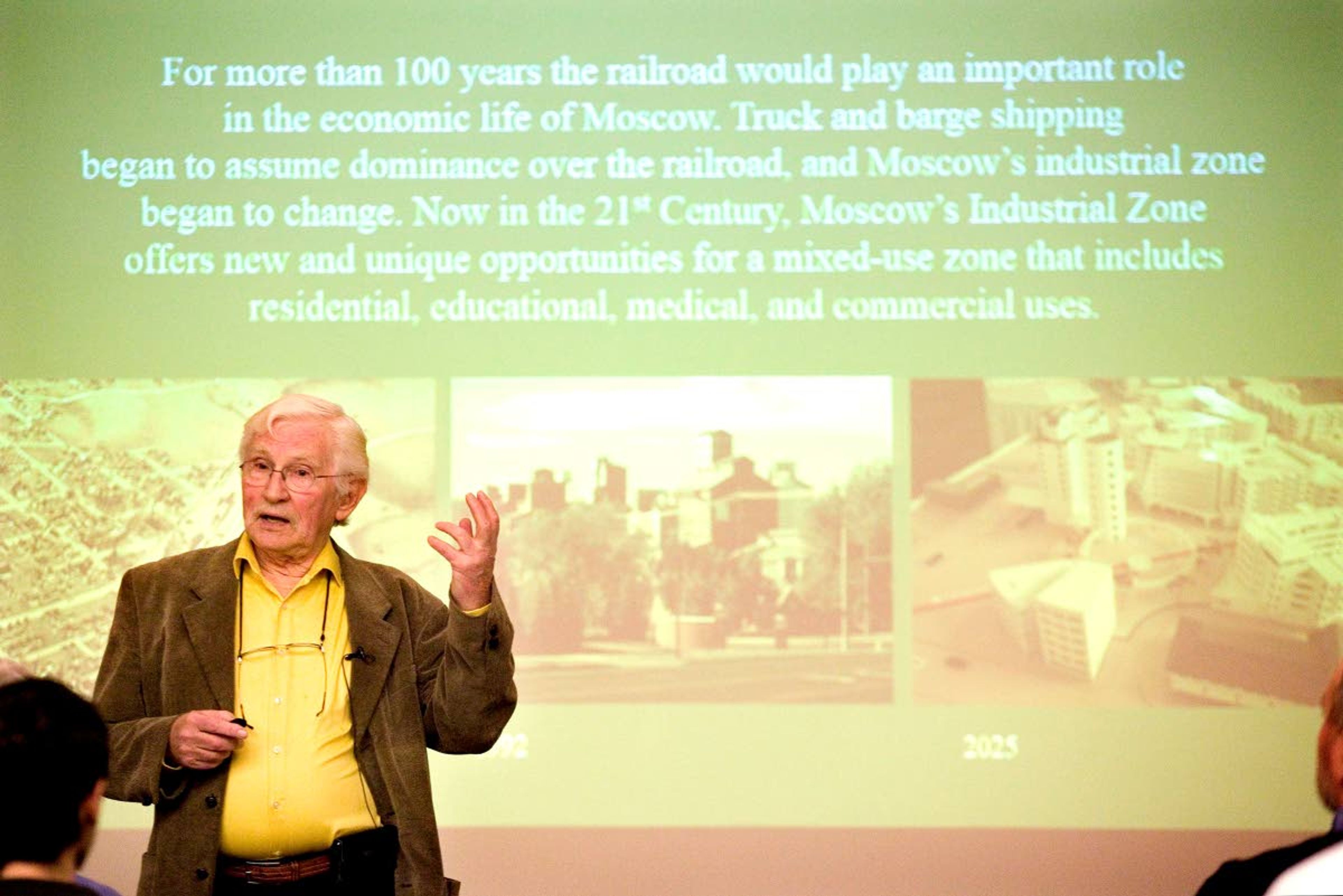 In this 2015 file photo, Nels Reese, UI emeritus professor of architecture, talks about the Legacy Crossing during the Malcom Renfrew Interdisciplinary Colloquium at the University of Idaho in Moscow.