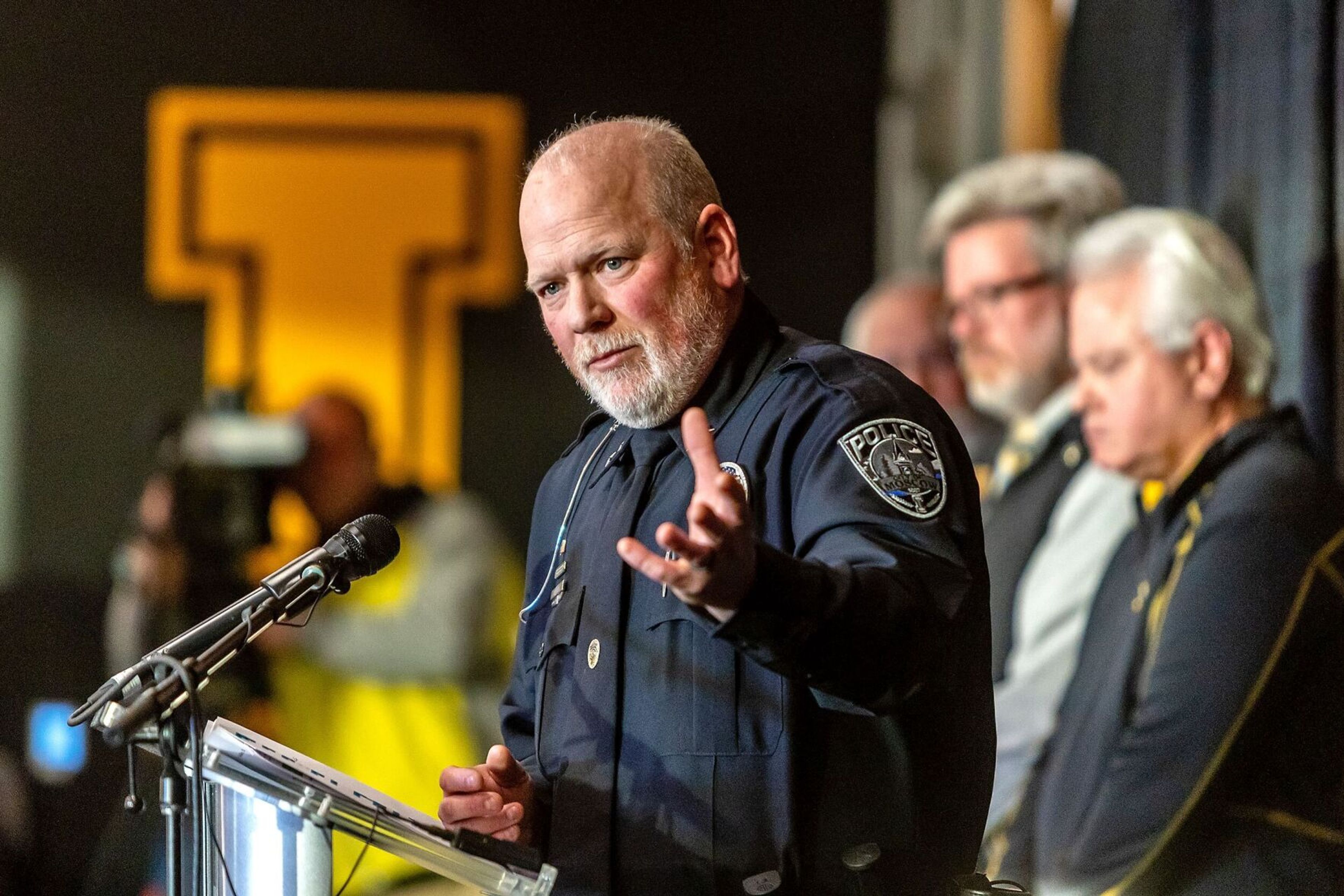 Moscow Chief of Police James Fry answers questions at a press conference on the four-person homicide in Moscow at the ICCU Arena on Sunday.