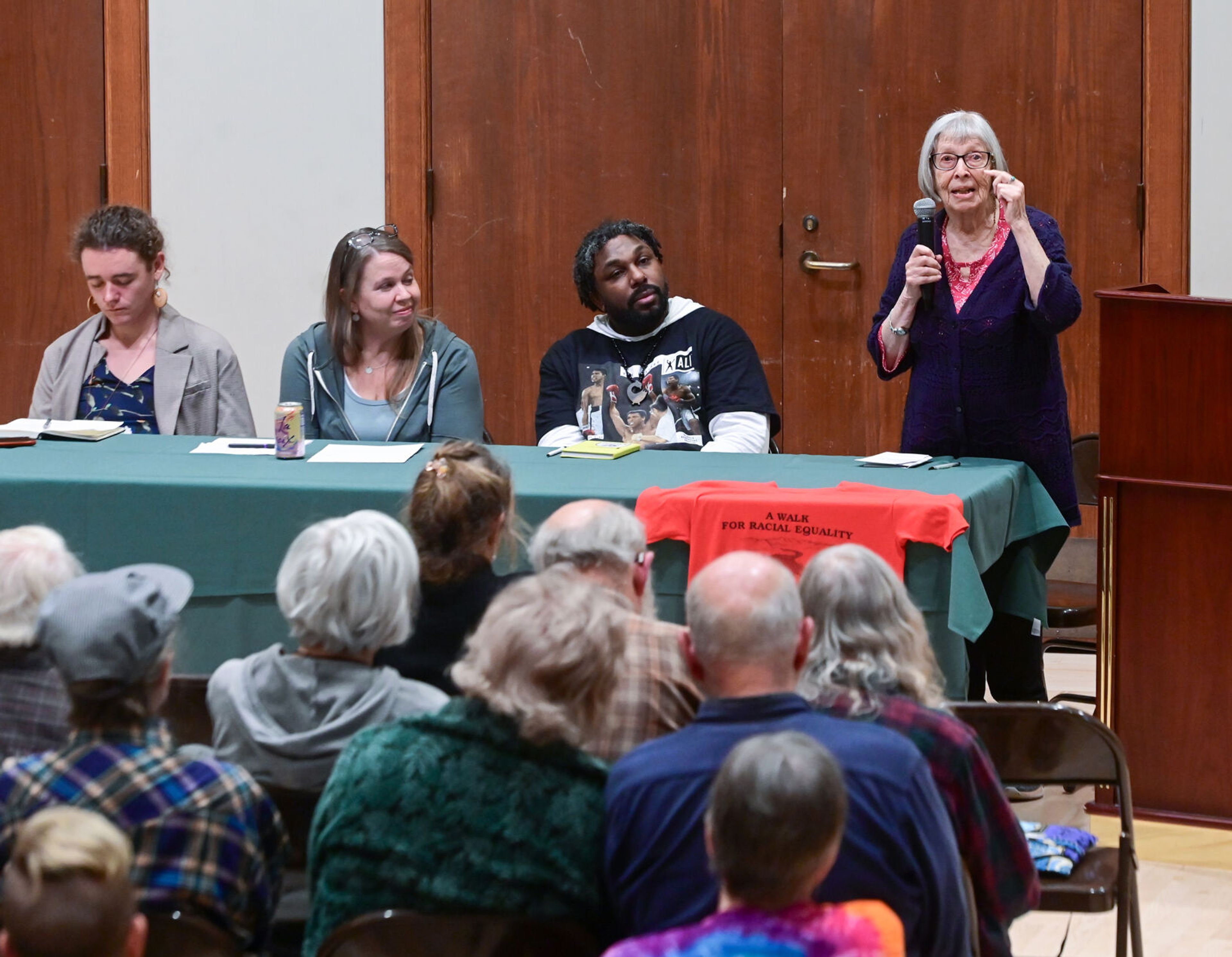 Joann Muneta, right, chair of the Latah County Human Rights Task Force, speaks as part of a local panel at the United Against Hate summit Monday at the 1912 Center in Moscow. Muneta is joined by Nick Koenig, from left, a University of Idaho graduate student, Melinda Schab, general manager of Moscow Food Co-op, and Mario Pile, director of the UI Black and African American Cultural Center.