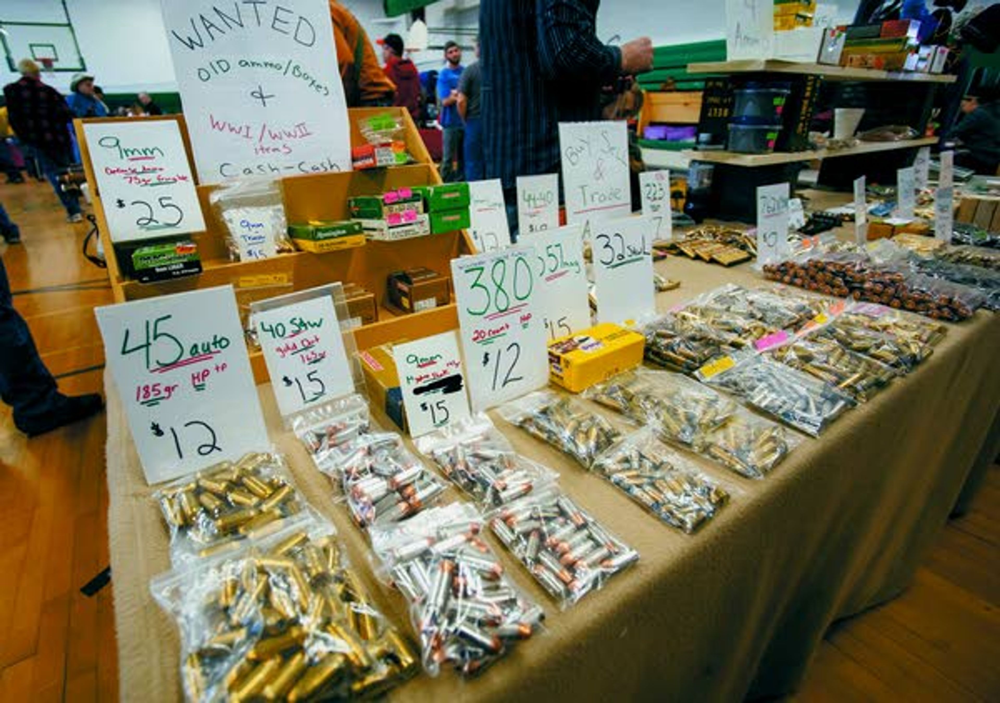 Ammunition on display is seen during the Potlatch gun show on Sunday, March 16, 2014, at Potlatch Elementary School.