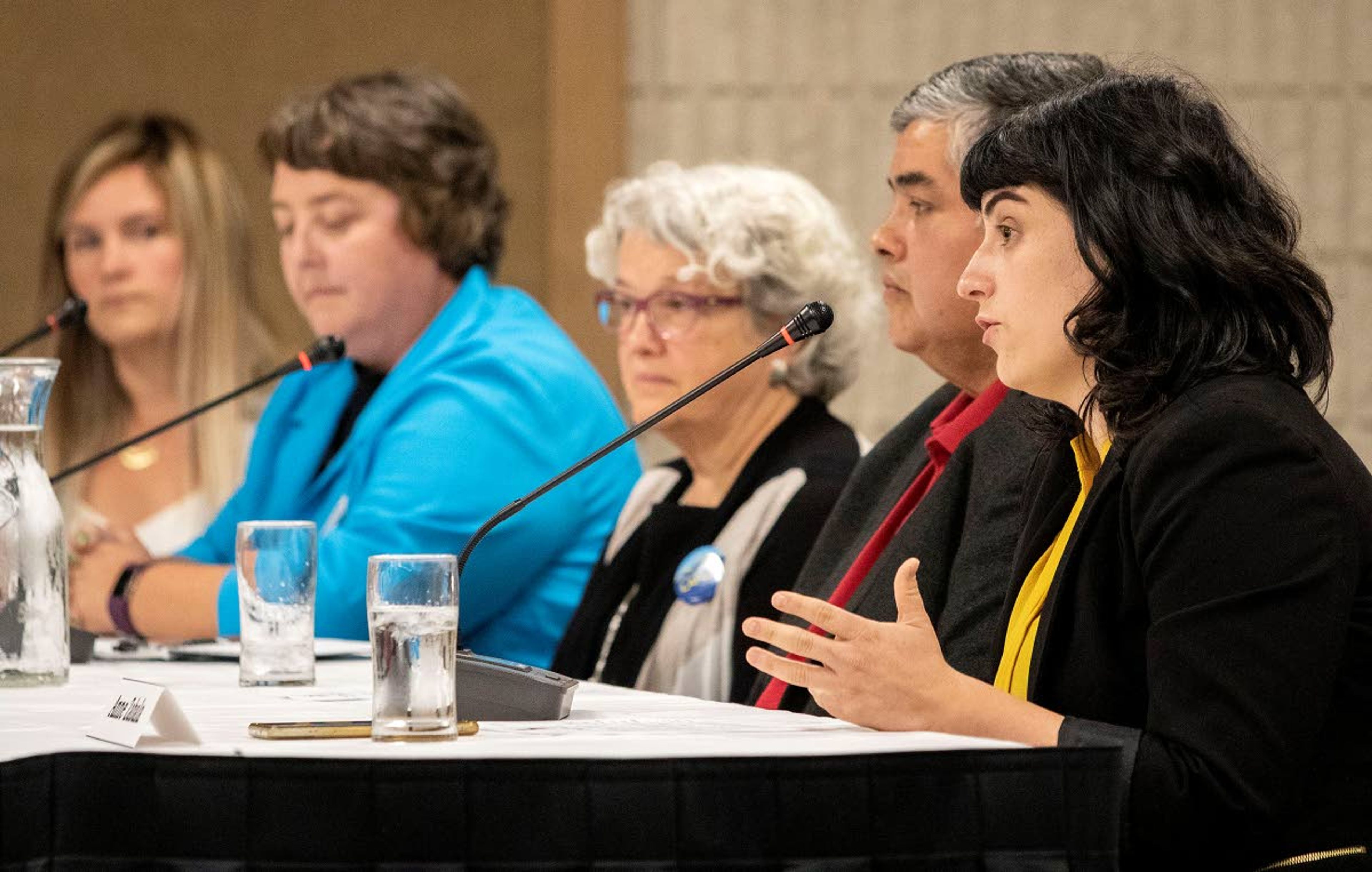 Incumbent Anne Zabala, right, speaks while Moscow City Council candidates (left to right) Kelsey Berends, Sandra Kelly, Maureen Laflin and James Urquidez listen during a candidate’s forum Wednesday at the University Inn Best Western in Moscow.