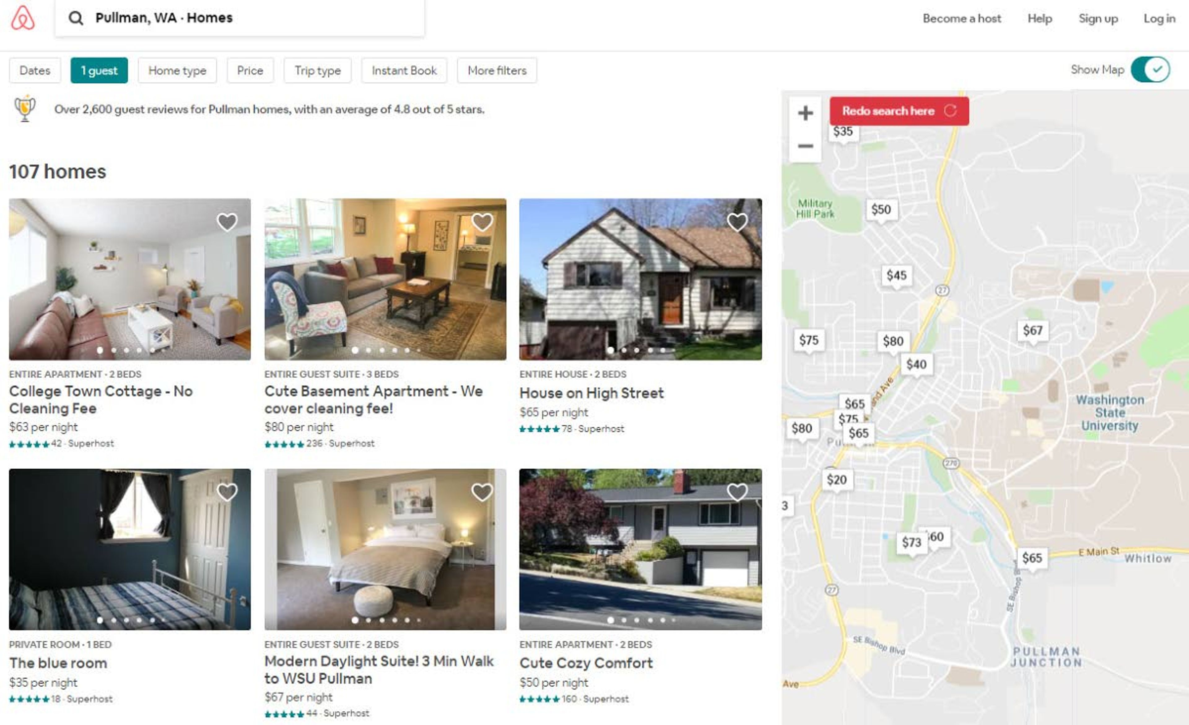 A screenshot from the Airbnb website showing 107 homes available for rent May 17 in and around Pullman.