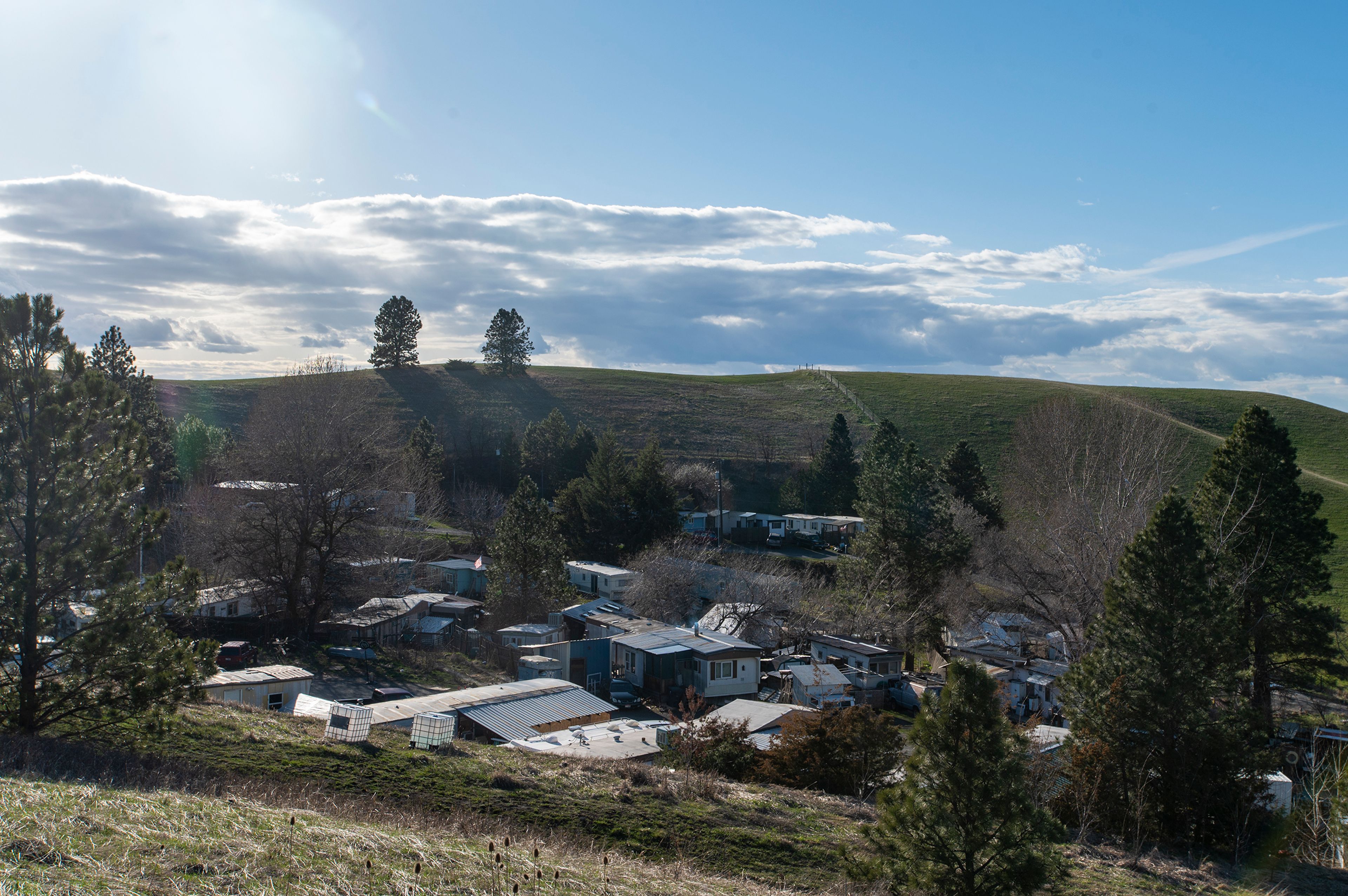 The sun shines over Appaloosa Court mobile home park Thursday afternoon in Moscow.