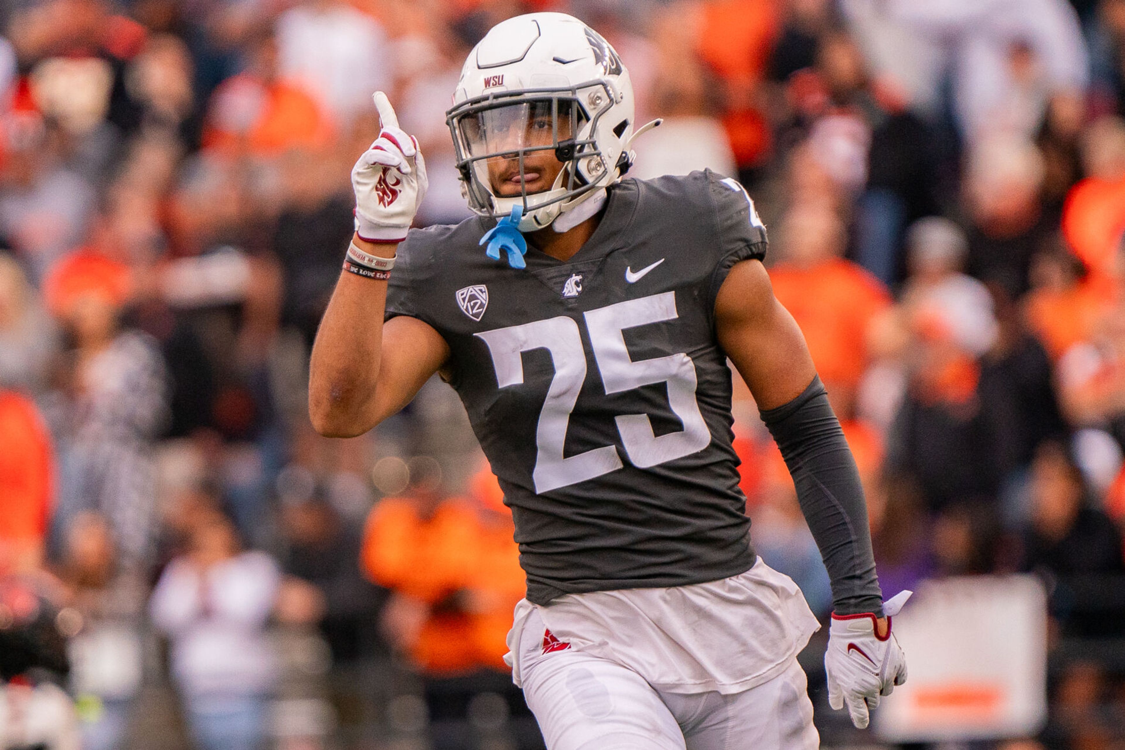 Washington State defensive back Jaden Hicks (25) celebrates during a game against Oregon State on Sept. 23 at Gesa Field in Pullman.