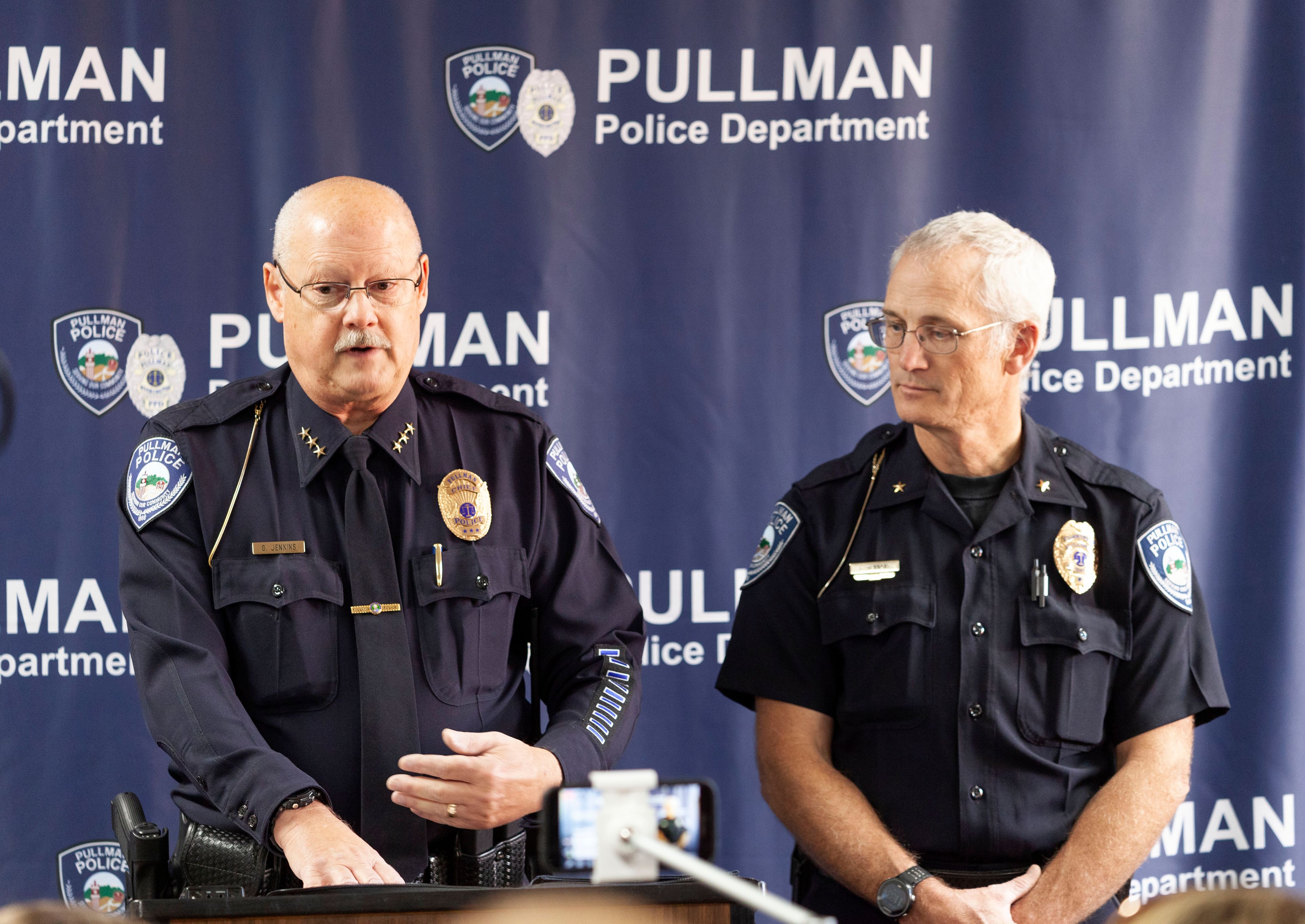 Pullman Police Chief Gary Jenkins, left, and Commander Chris Tennant talk during a press conference on Tuesday at city hall. Pullman Police Sgt. Dan Hargraves was arrested on Tuesday and charged with custodial sexual misconduct.