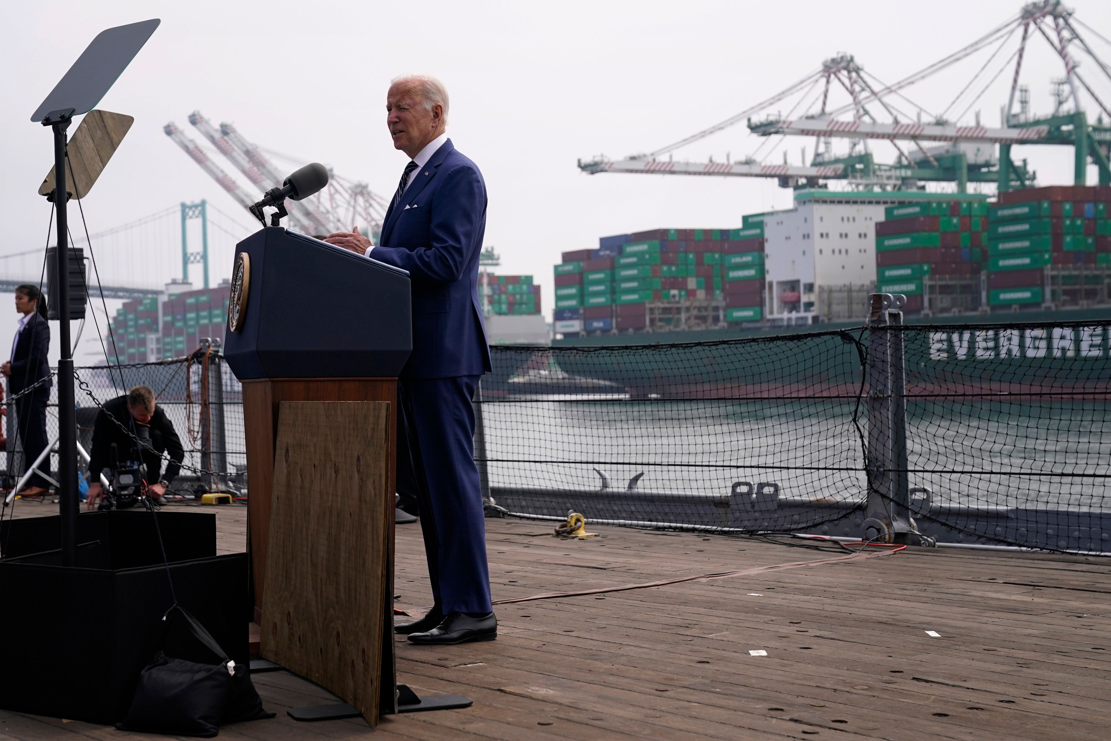 President Joe Biden speaks about inflation and supply chain issues at the Port of Los Angeles, Friday, June 10, 2022, in Los Angeles. (AP Photo/Evan Vucci)