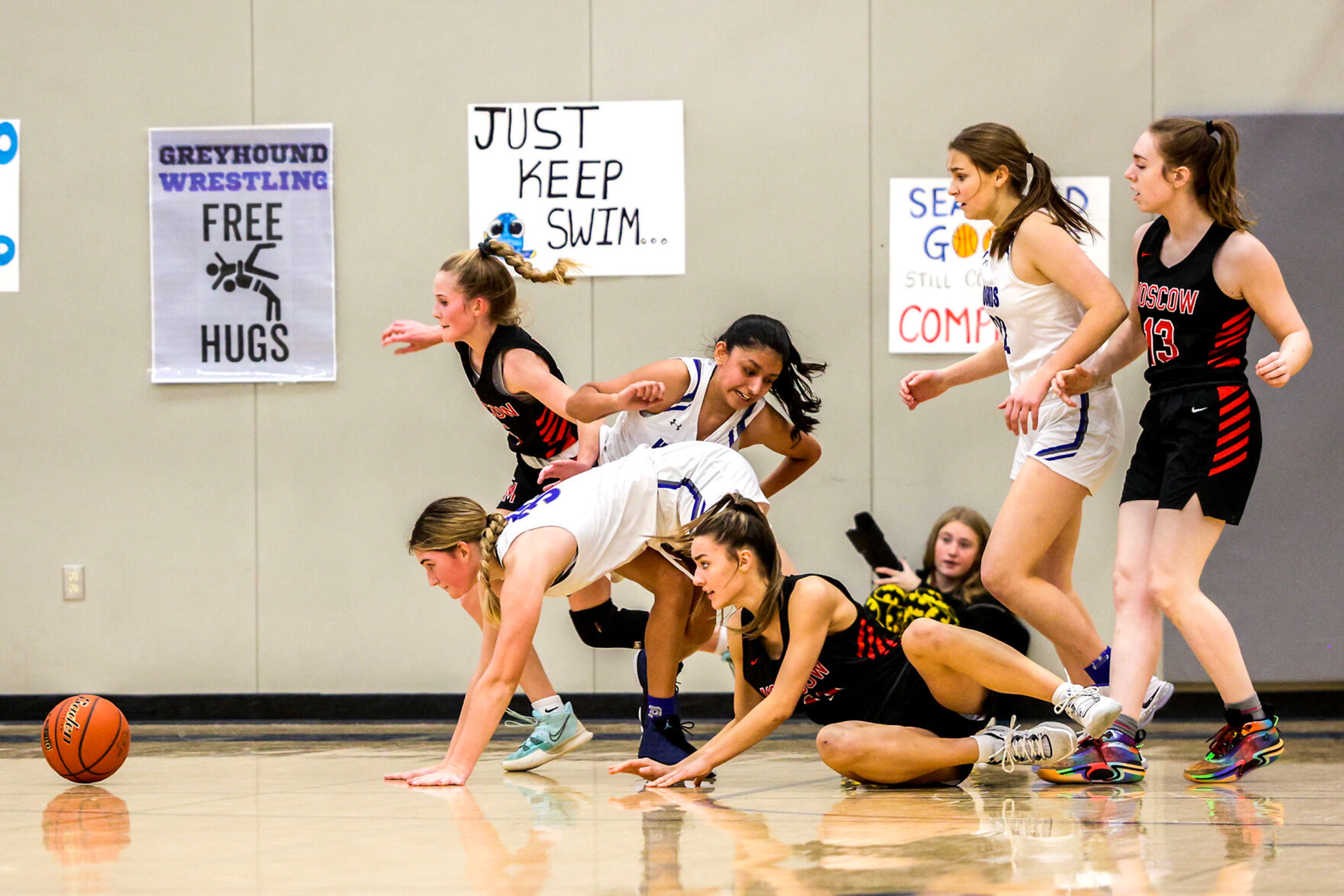 Moscow guard Kolbi Kiblen, top left, chases after the ball during Saturday's nonleague girls basketball game at Pullman.