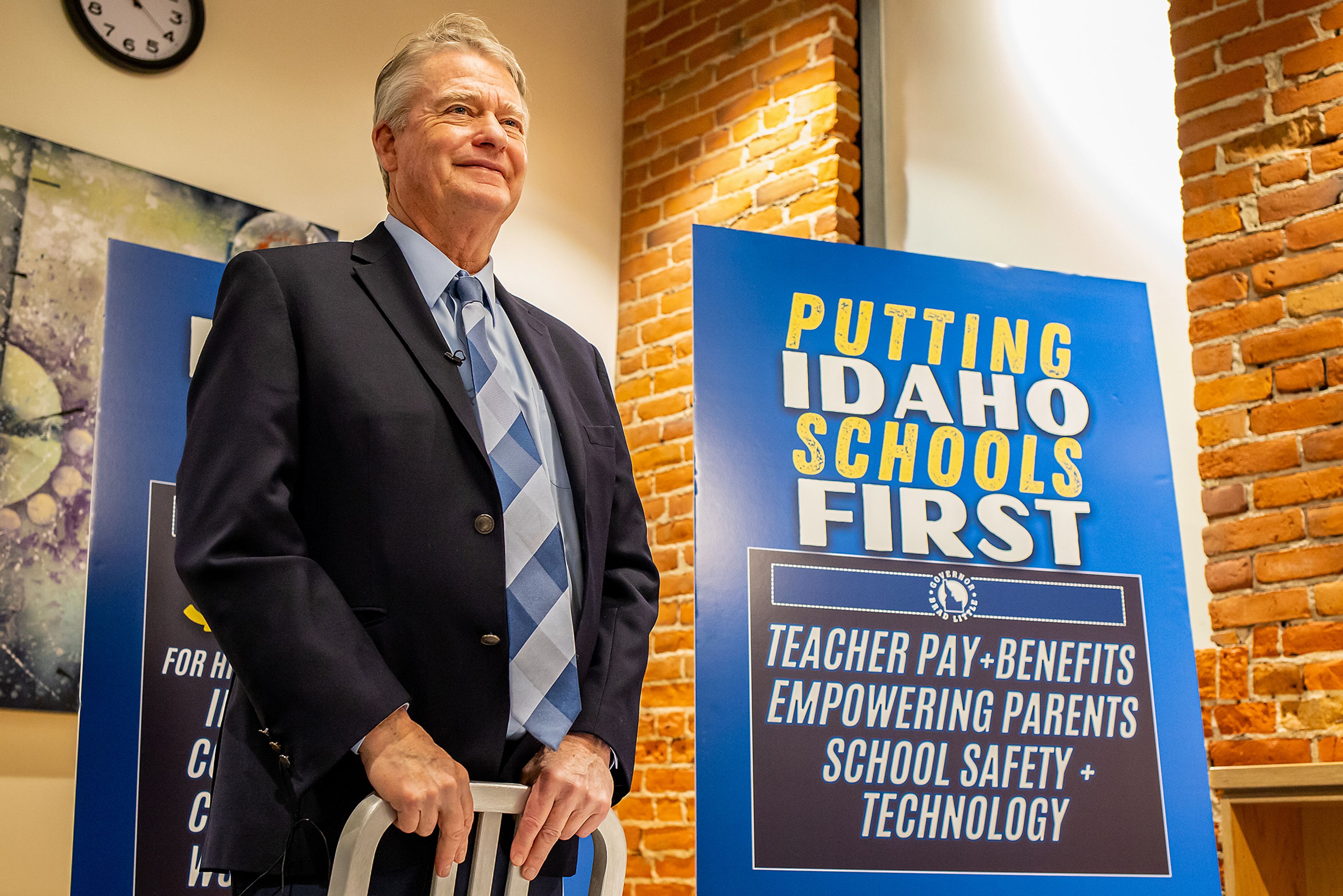 Idaho Gov. Brad Little holds a press conference Friday to discuss his “Idaho First” initiatives at the Lewiston City library.