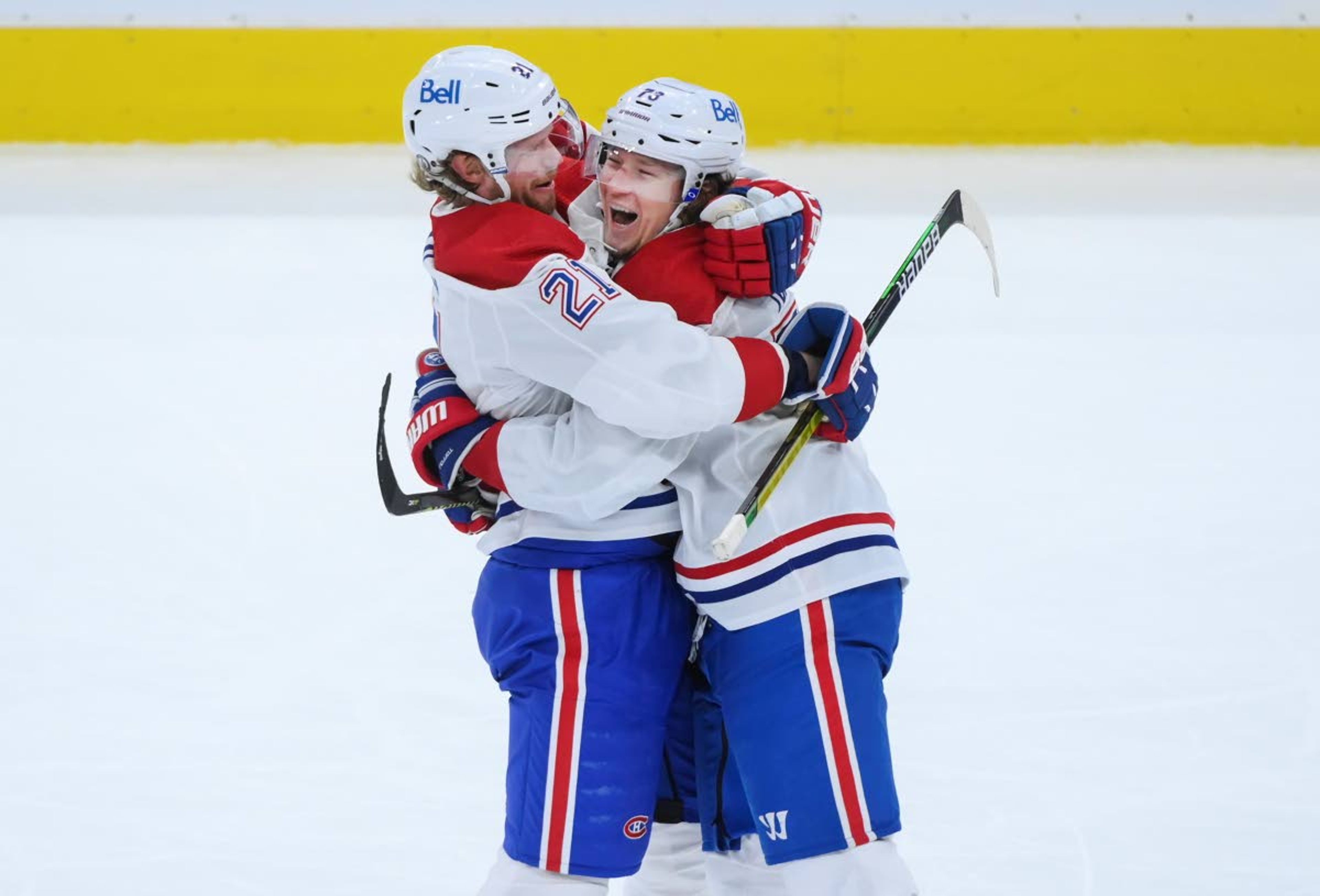 Associated PressCanadiens forward Tyler Toffoli (73) celebrates his empty-net goal with teammate Eric Staal (21) during third-period NHL Stanley Cup game action against the Maple Leafs in Toronto.