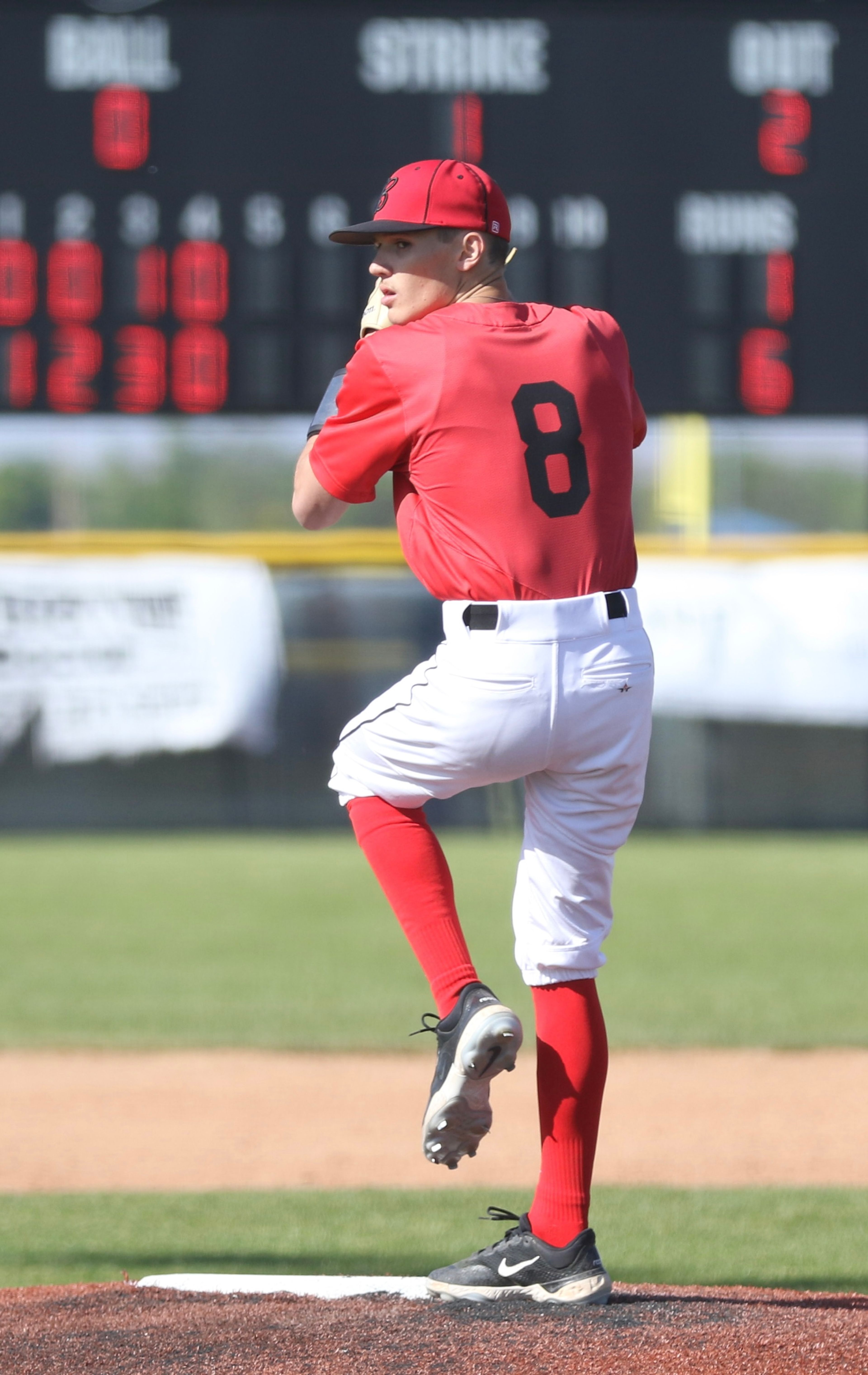 Moscow pitcher Butch Kiblen prepares to throw during an Idaho Class 4A state tournament game against Blackfoot at Vallivue High School in Caldwell, Idaho.