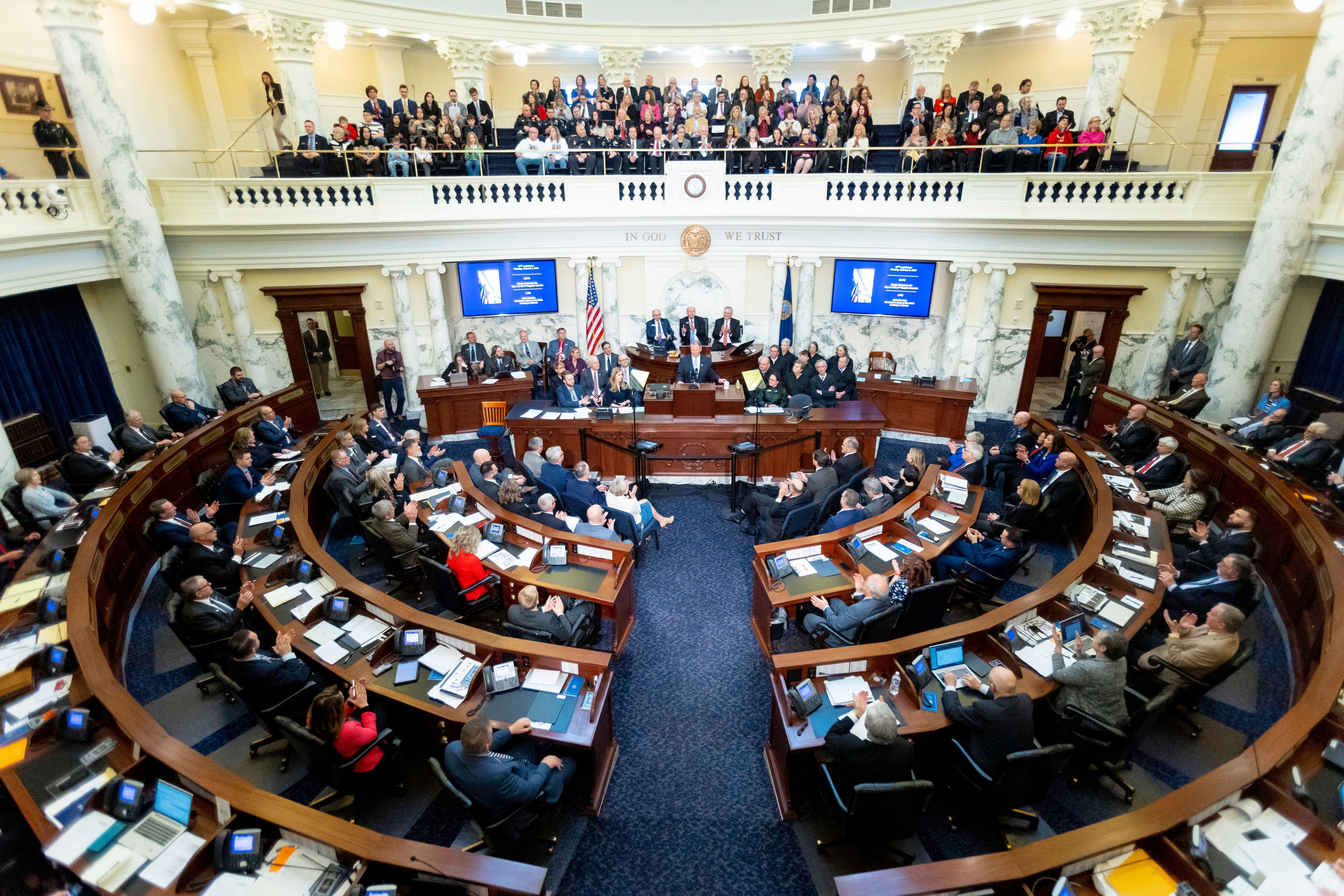 Idaho Gov. Brad Little delivers his 2023 State of the State address held at the Idaho State Capitol, Monday, Jan. 9, 2023, in Boise, Idaho. (AP Photo/Kyle Green)