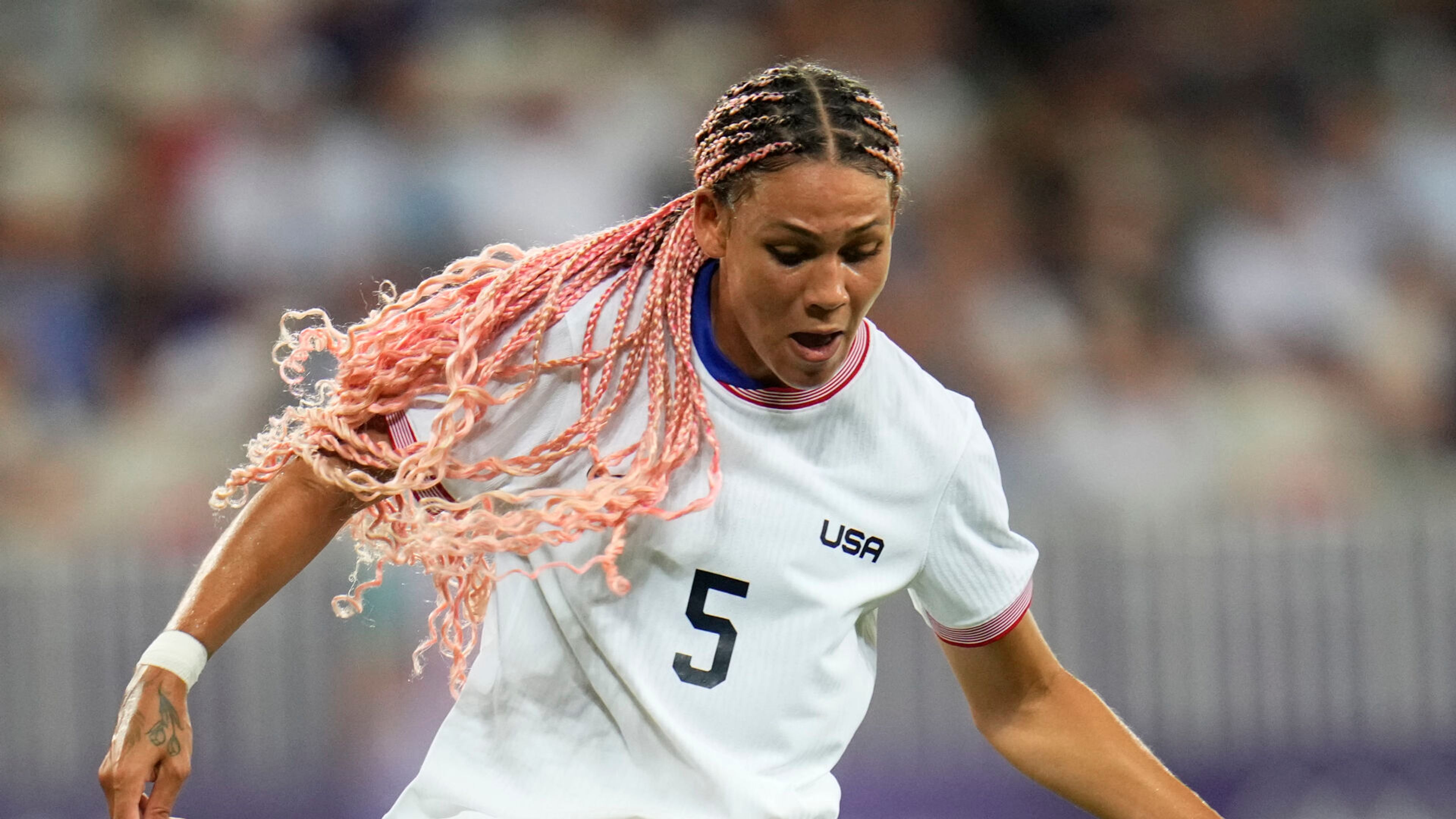 United States' Trinity Rodman controls the ball before scoring a goal during a women's group B match between the United States and Zambia at Nice Stadium at the 2024 Summer Olympics, Thursday, July 25, 2024, in Nice, France. (AP Photo/Julio Cortez)