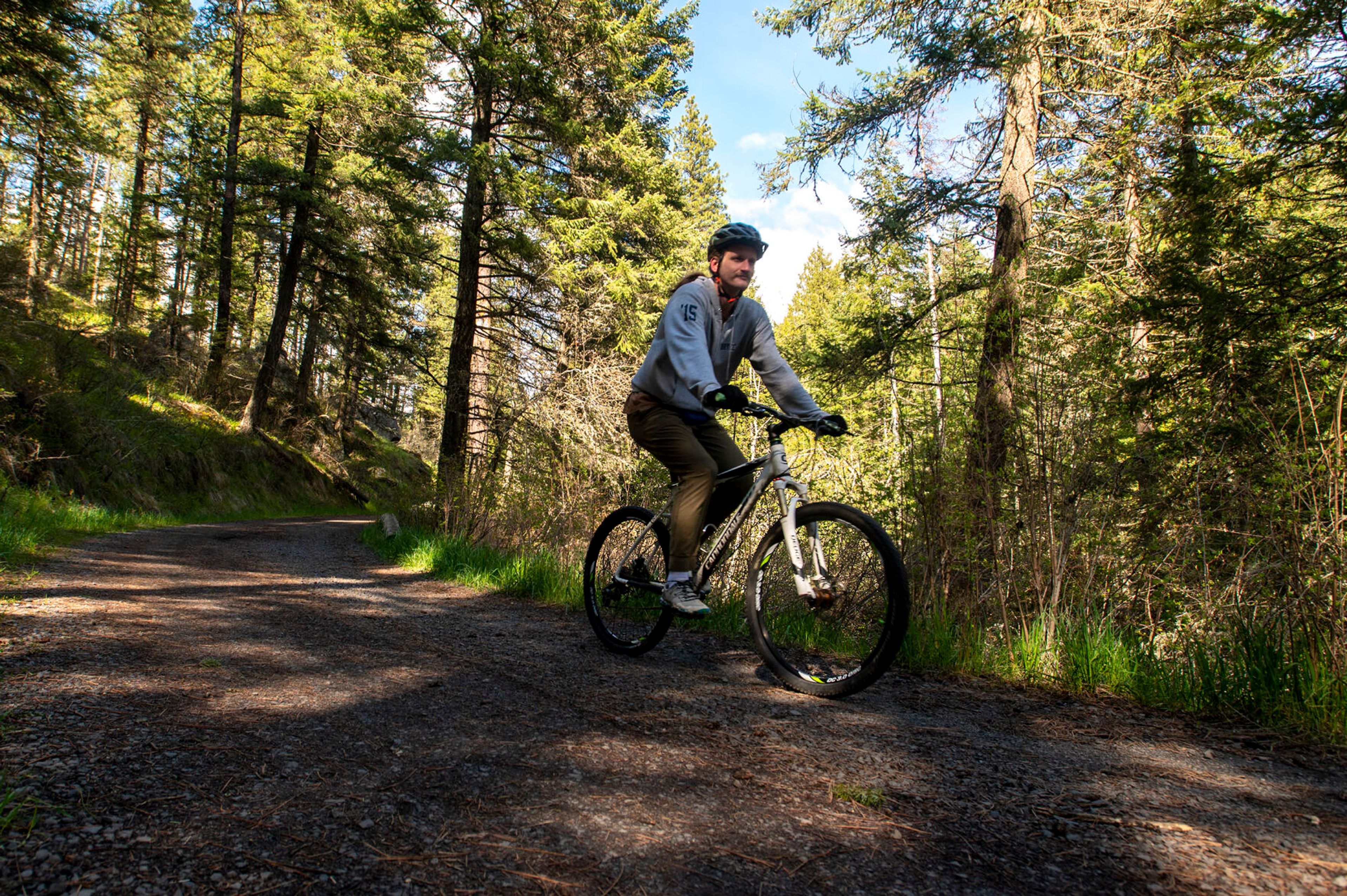 ABOVE: A cyclist ride down Headwaters Trail, a 5-mile loop located on Moscow Mountain. RIGHT: Sunlight shines through the trees to highlight Cedar Trail.