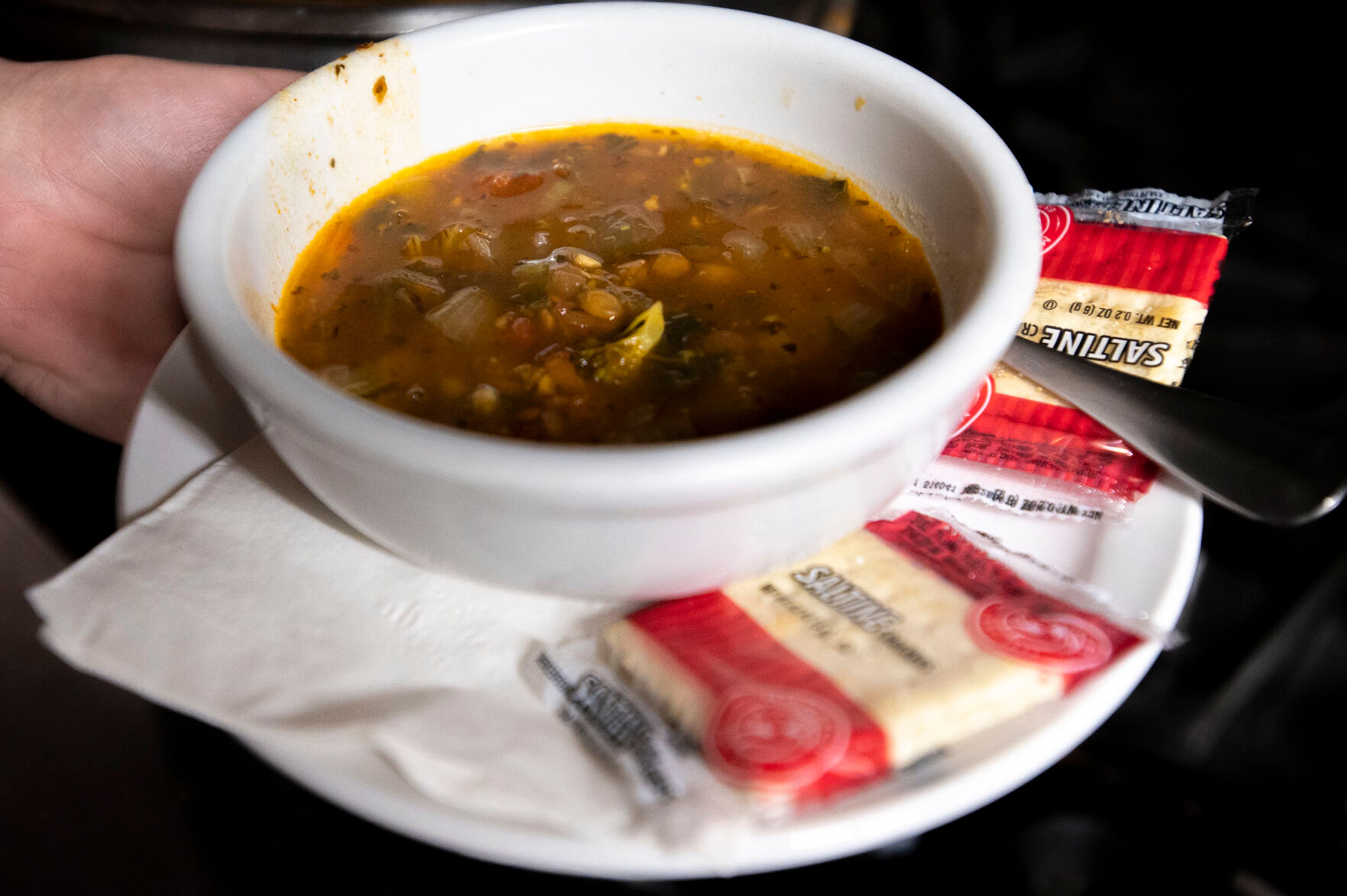 A bowl of lentil soup is ready to be served at Mikey’s Gyros in Moscow.