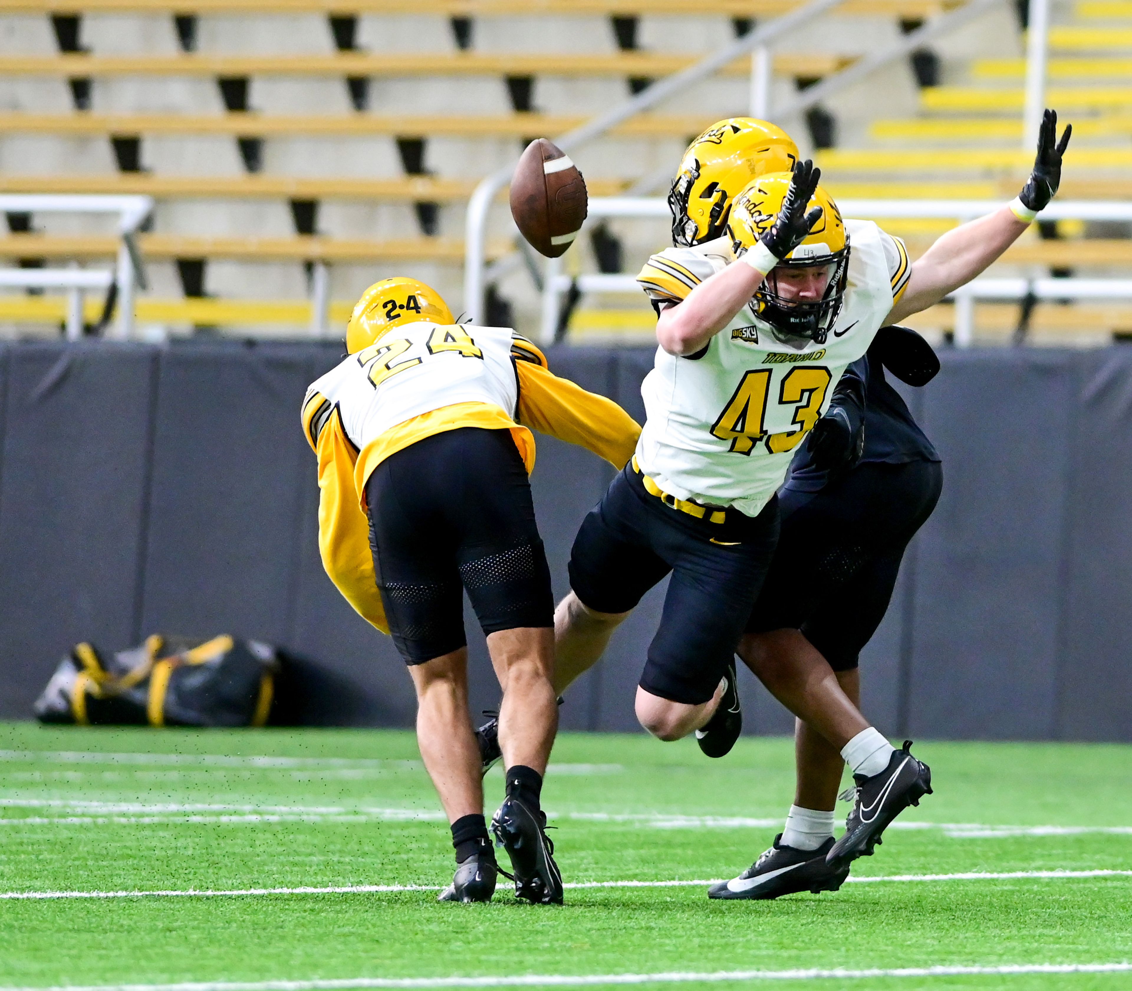 Vandals defensive back Trenton Fisher (43) jumps to block a pass from being completed at the annual spring game at the P1FCU Kibbie Dome in Moscow on Friday.