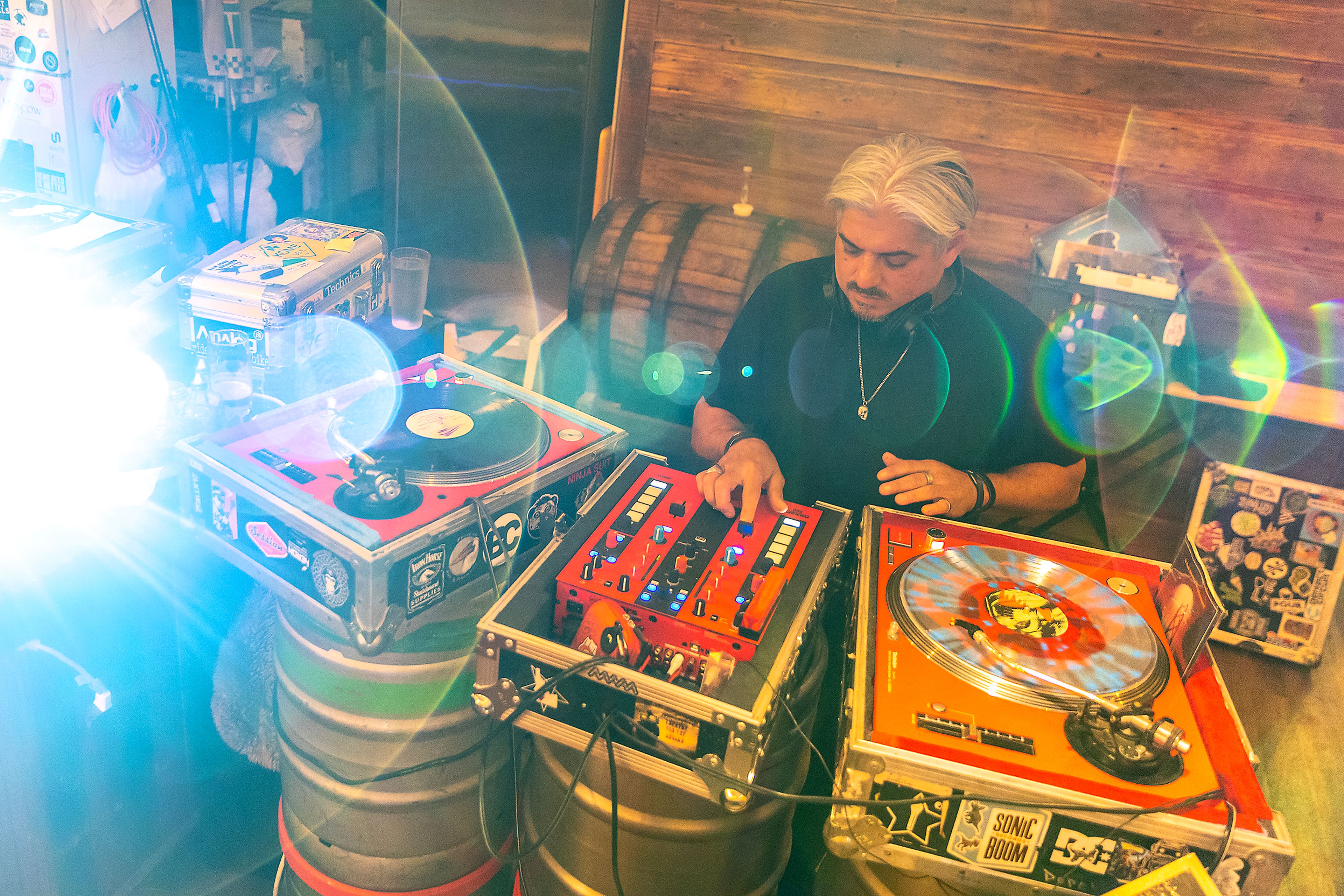 David Campillo, or DJ Dave, plays vinyl record during Bring Your Own Vinyl Night Wednesday at Moscow Brewing Company.