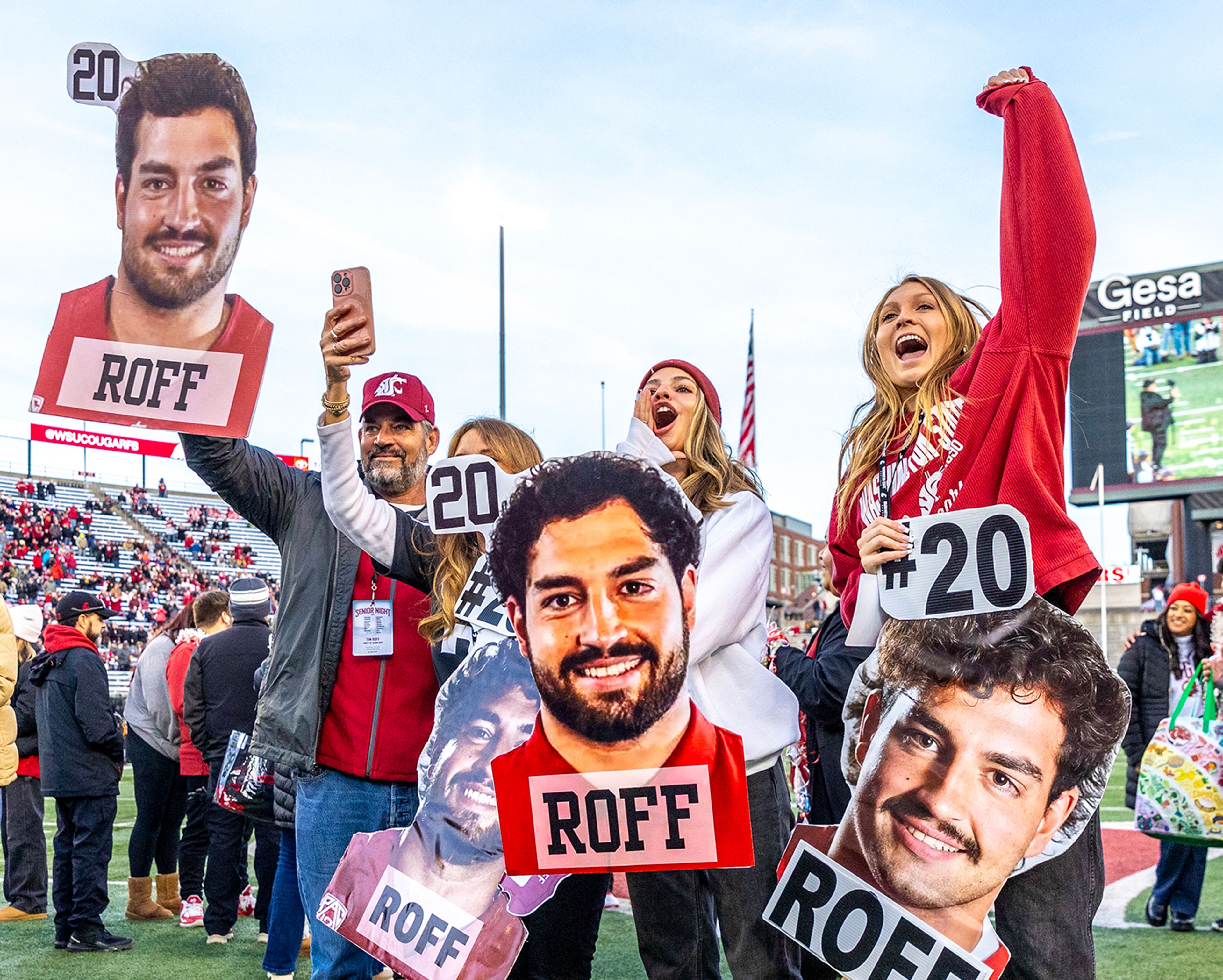 Washington State edge Quinn Roff cheers as he’s announced before college football game on Saturday, at Gesa Field in Pullman.