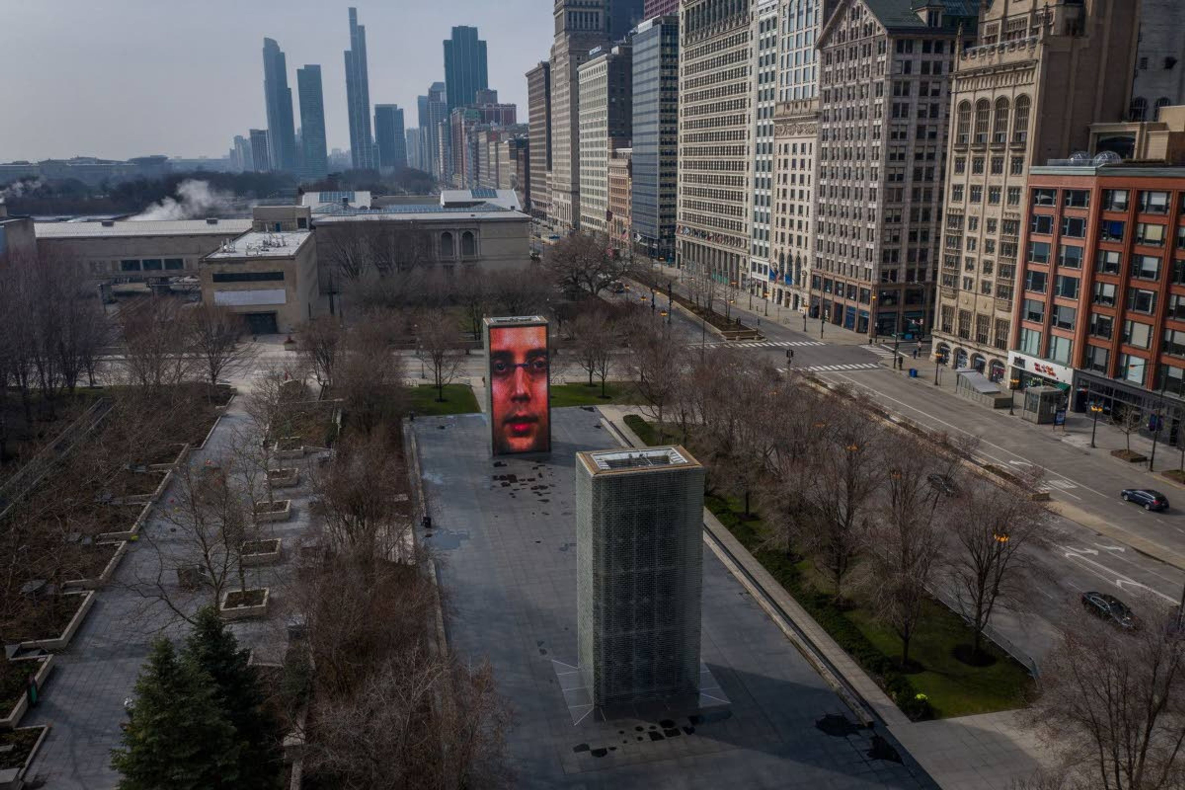 A view of the empty Crown Fountain at Millennium Park and Michigan Avenue in Chicago on March 24.