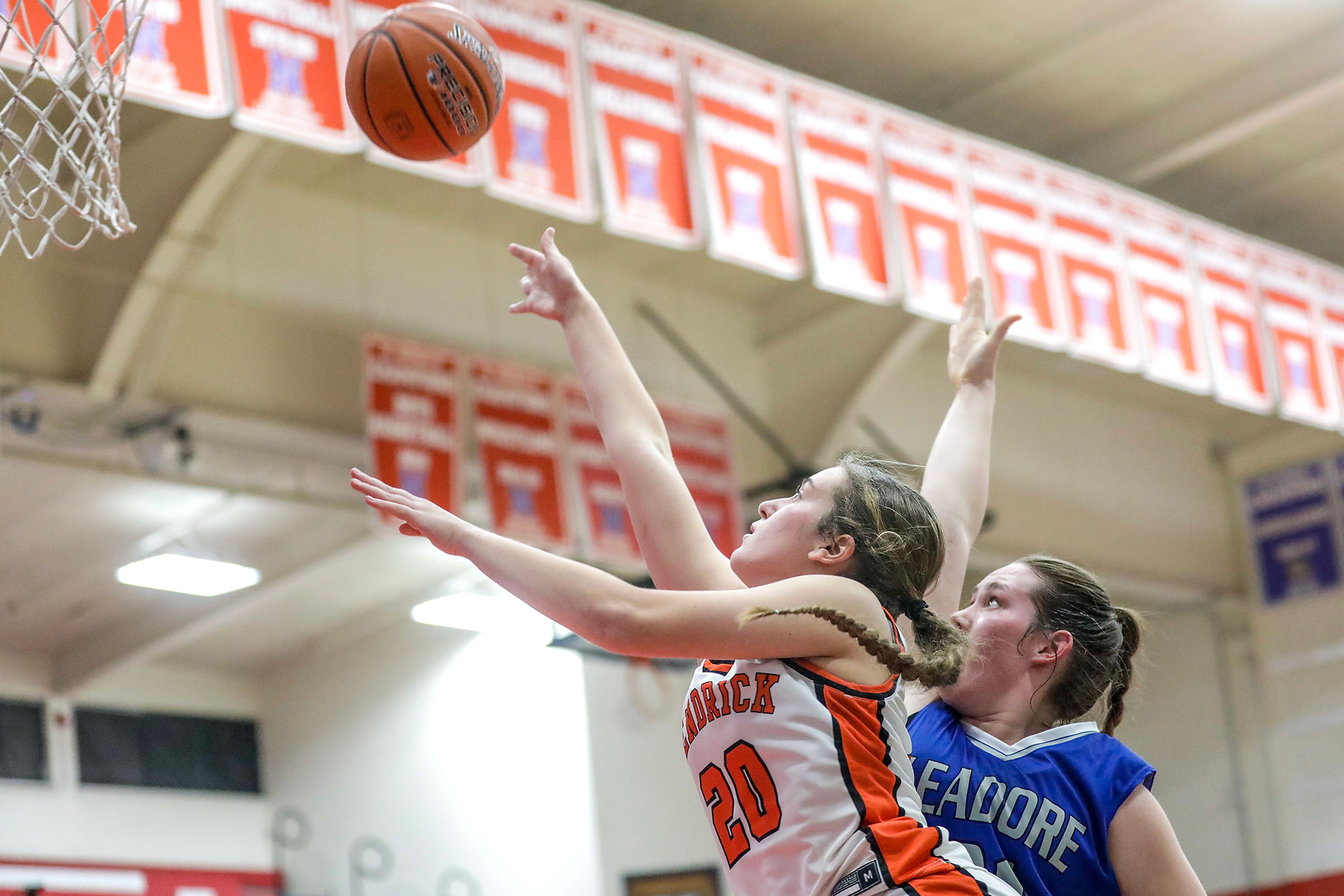 Kendrick forward Morgan Silflow shoots the ball as Leadore's Lexi Bird guards her during a quarterfinal game in the girls 1A DII state tournament Thursday at Nampa High School in Nampa.