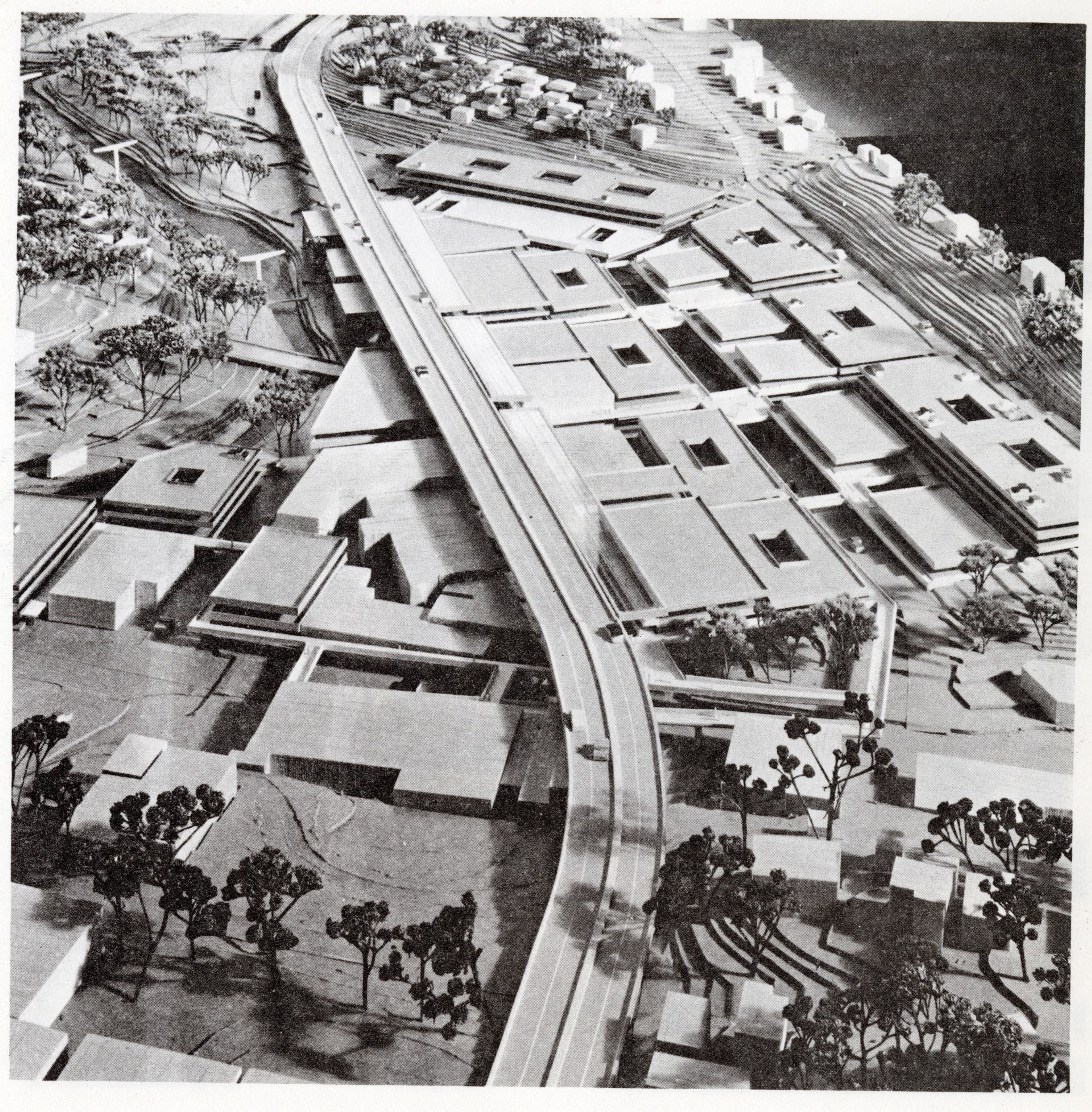 An elevated highway runs above downtown Pullman, over Main Street. The design idea was part of the 1968 Central Business District Development Study preserved at the Washington State University Libraries' Manuscripts, Archives & Special Collections.