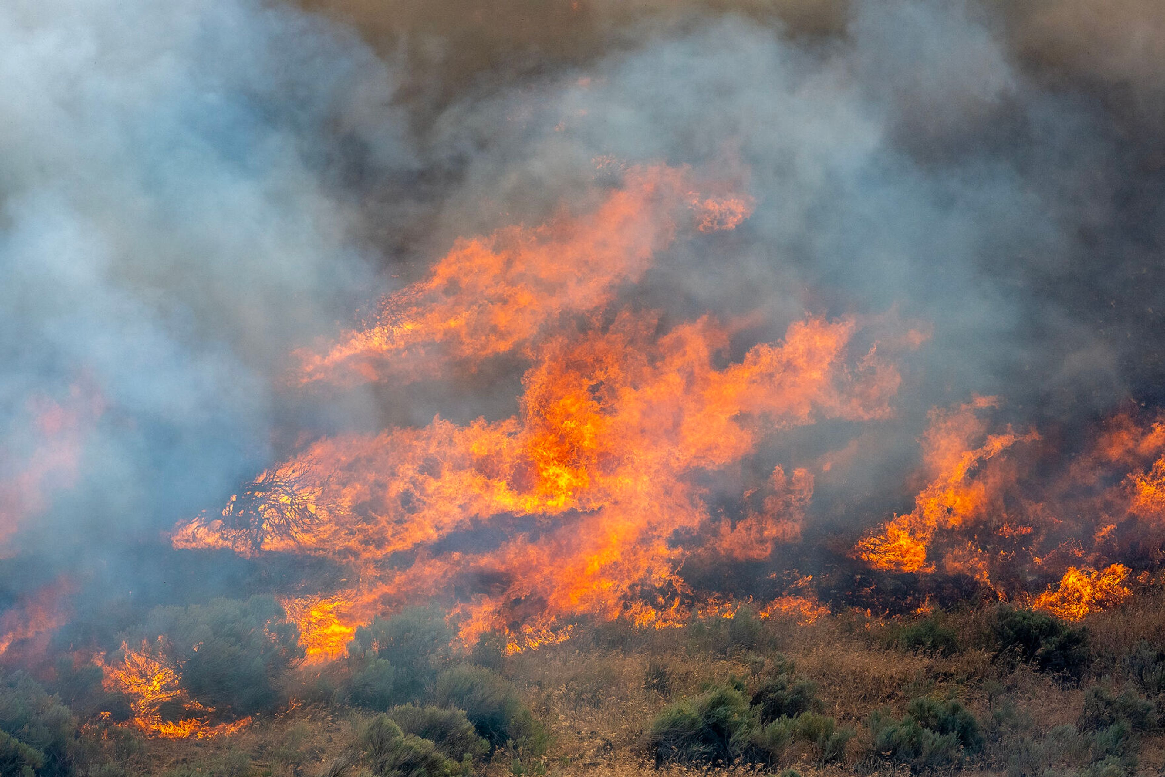 A fire burns along the hillside nearby Nisqually John Landing off of Wawawai Road on Friday. Crews are continuing to battle the wildfire Saturday.