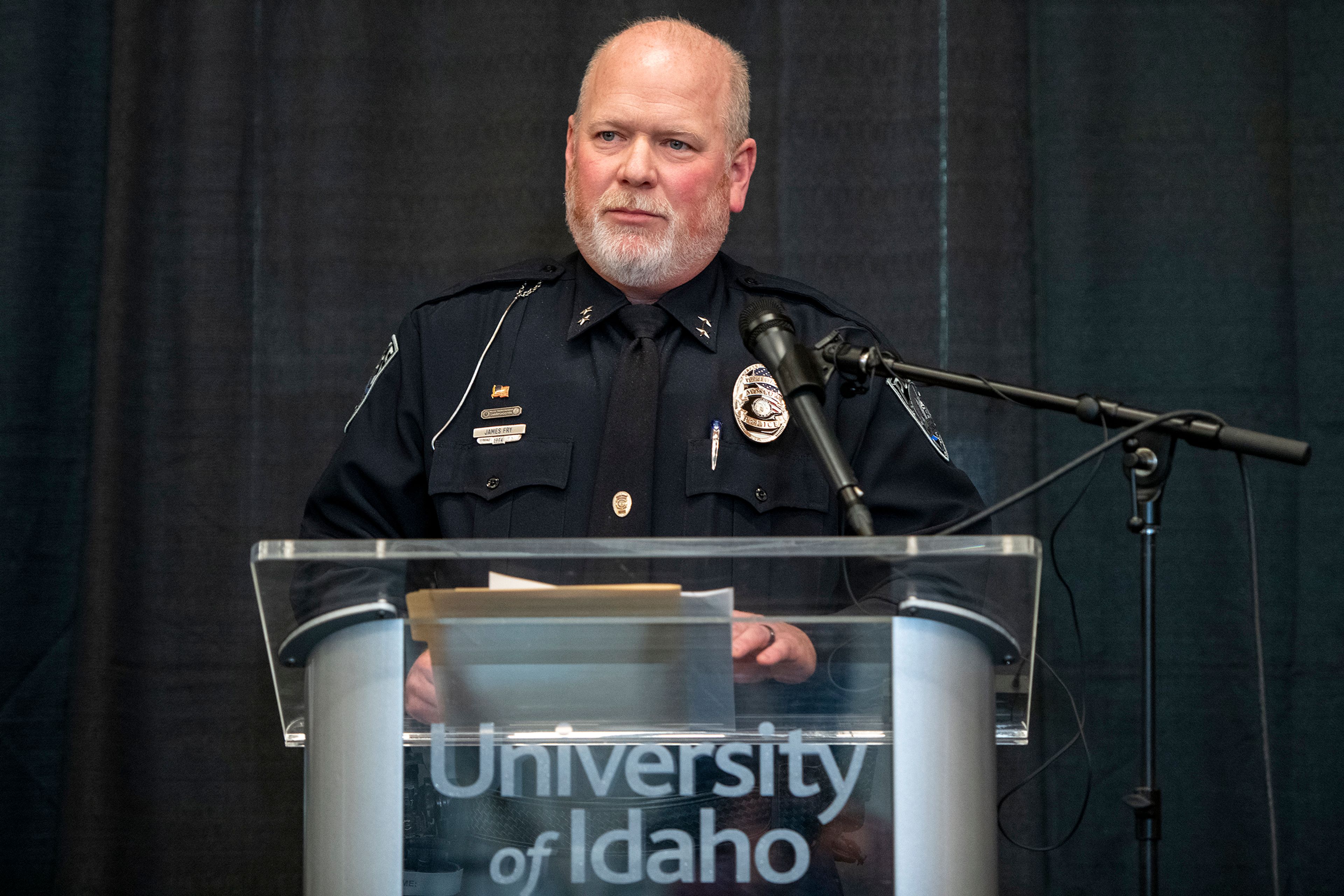 Moscow Police Chief James Fry speaks at a news conference about a quadruple-homicide investigation involving four University of Idaho students. Although no suspects have been identified and little new information has been made public, Fry said Thursday he is confident the case will be solved.