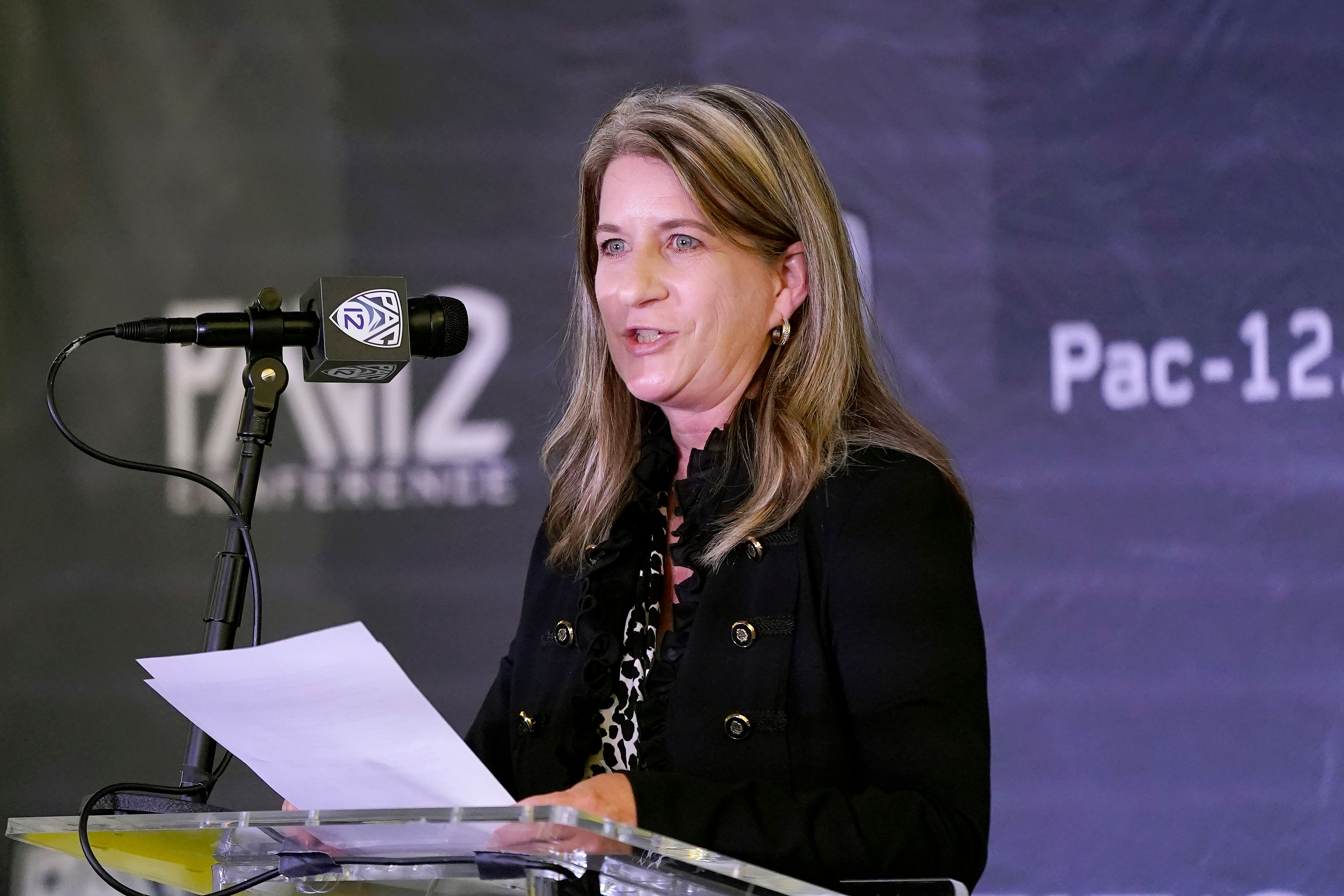 Pac-12 Senior Associate Commissioner Teresa Gould speaks during Pac-12 Conference media day Oct. 12, 2021, in San Francisco.