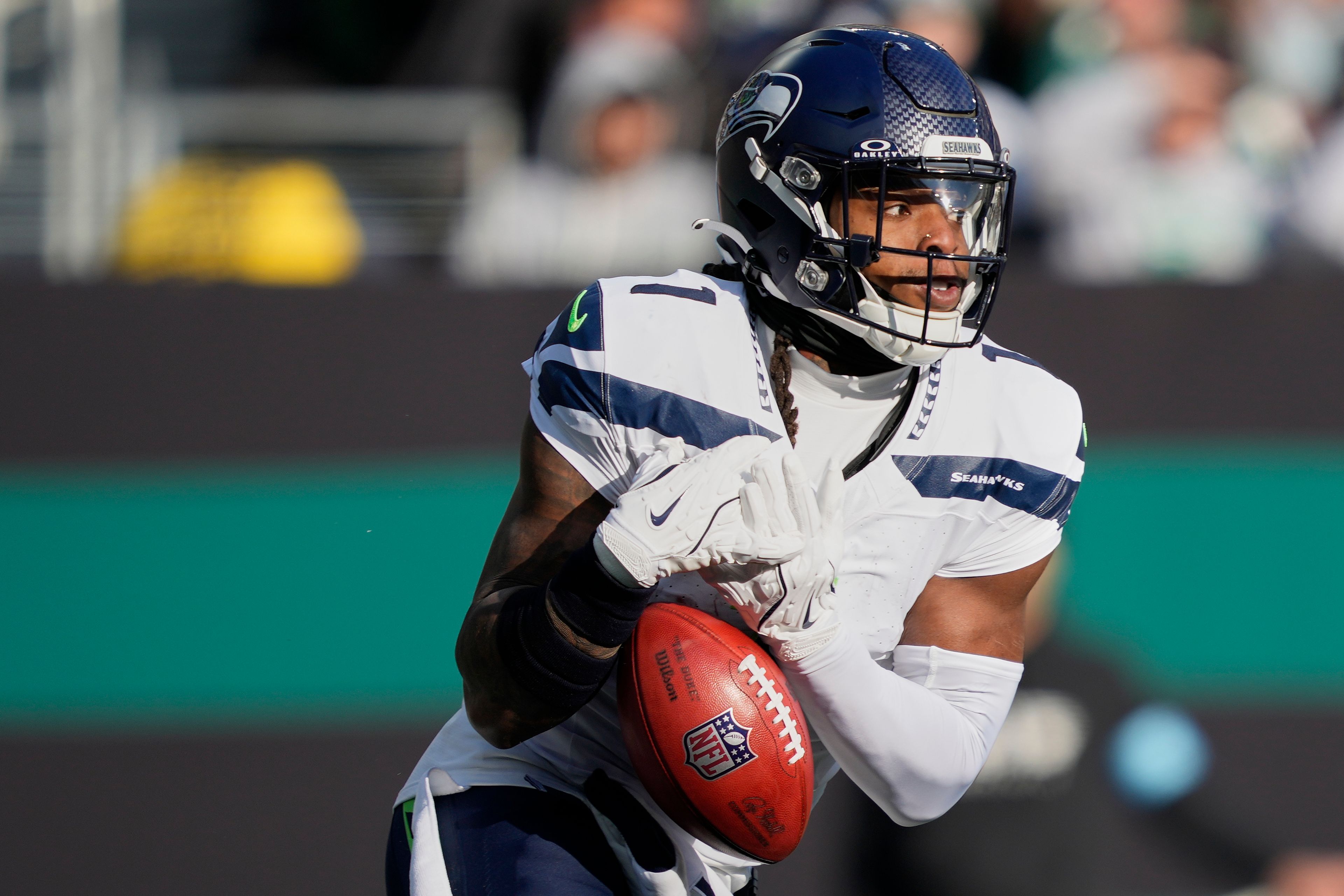 Seattle Seahawks wide receiver Laviska Shenault Jr. (1) muffs the kickoff from the New York Jets during the second quarter of an NFL football game, Sunday, Dec. 1, 2024, in East Rutherford, N.J. (AP Photo/Julia Demaree Nikhinson)