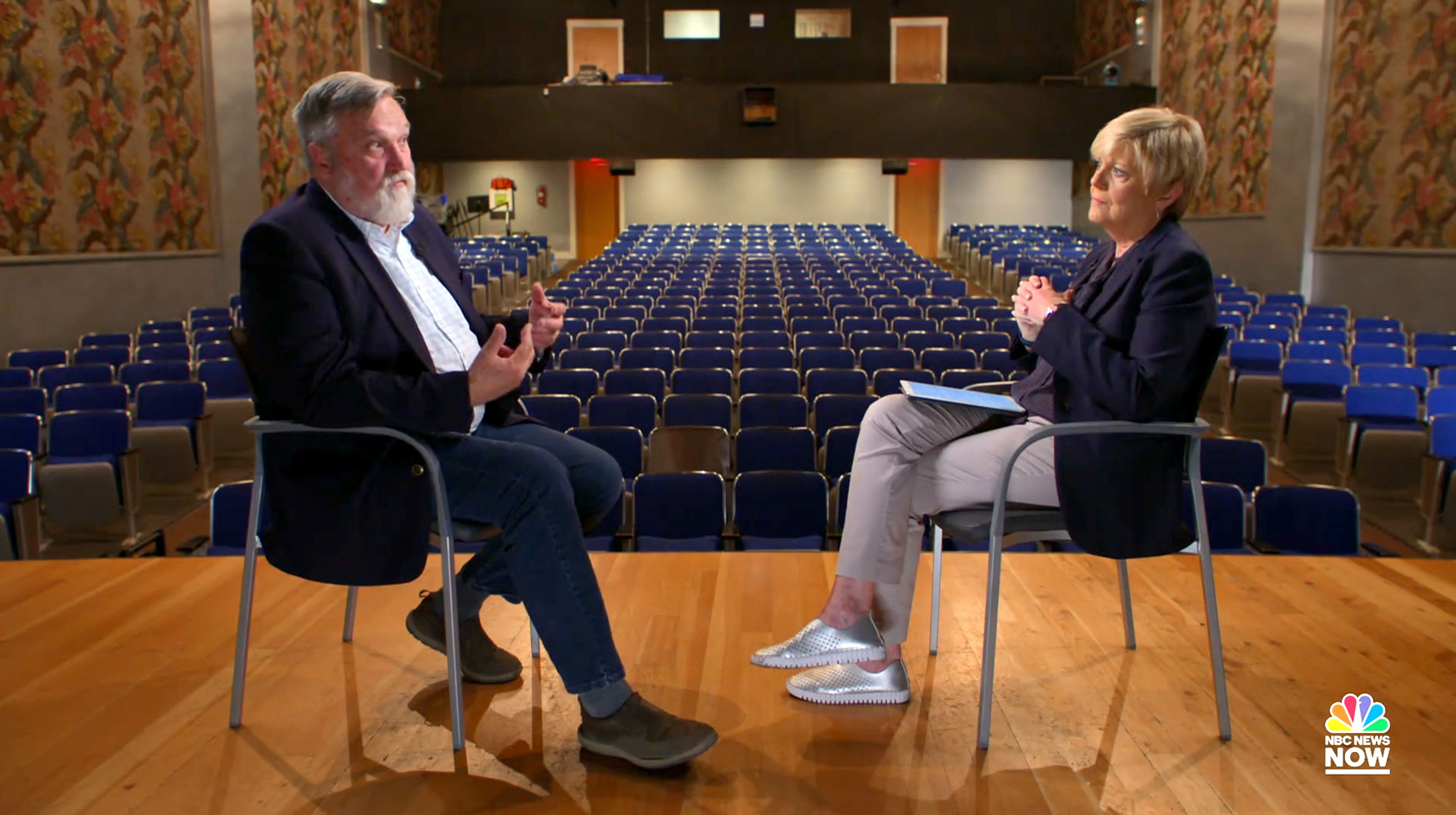 Christ Church Senior Minister Doug Wilson, left, speaks with NBC News correspondent Anne Thompson in a screenshot from a “Meet the Press” segment in which the Moscow church was profiled.