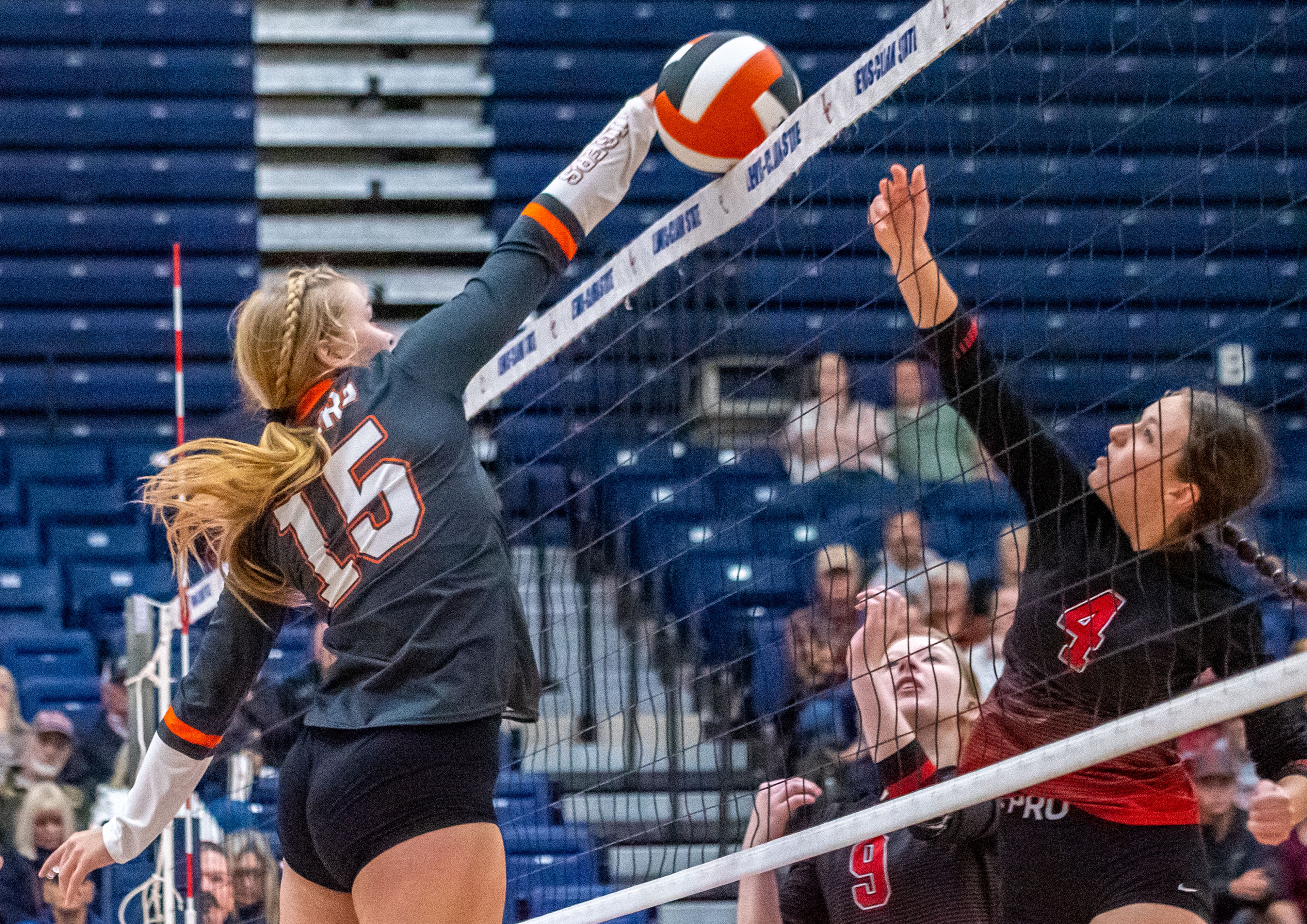 Kendrick outside hitter blocks a lob from Deary’s Emily Scott during the Idaho Class 1A Division II district volleyball tournament final at the P1FCU Activity Center in Lewiston on Thursday.