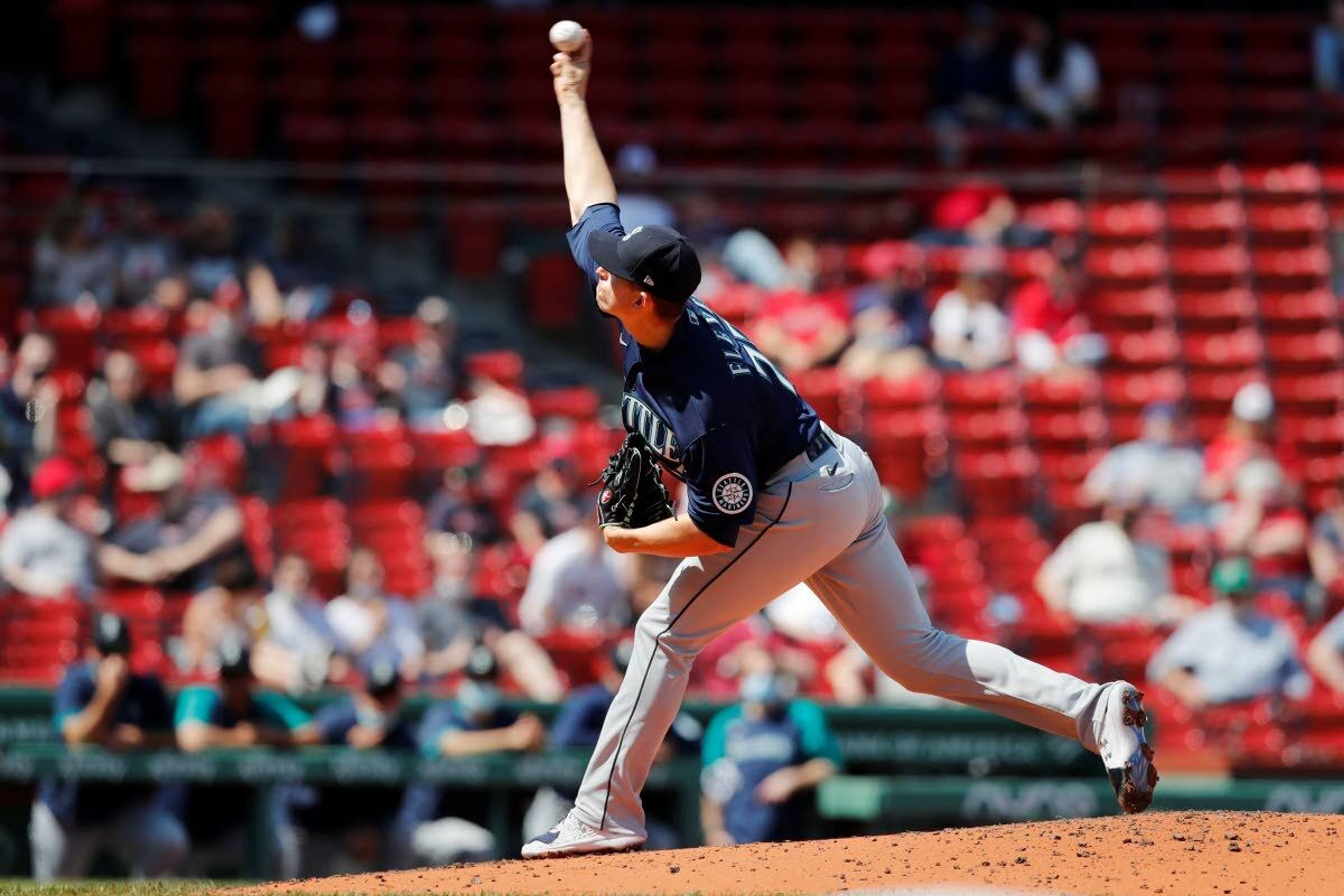 Seattle Mariners' Chris Flexen pitches against the Boston Red Sox during the first inning of a baseball game, Saturday, April 24, 2021, in Boston. (AP Photo/Michael Dwyer)