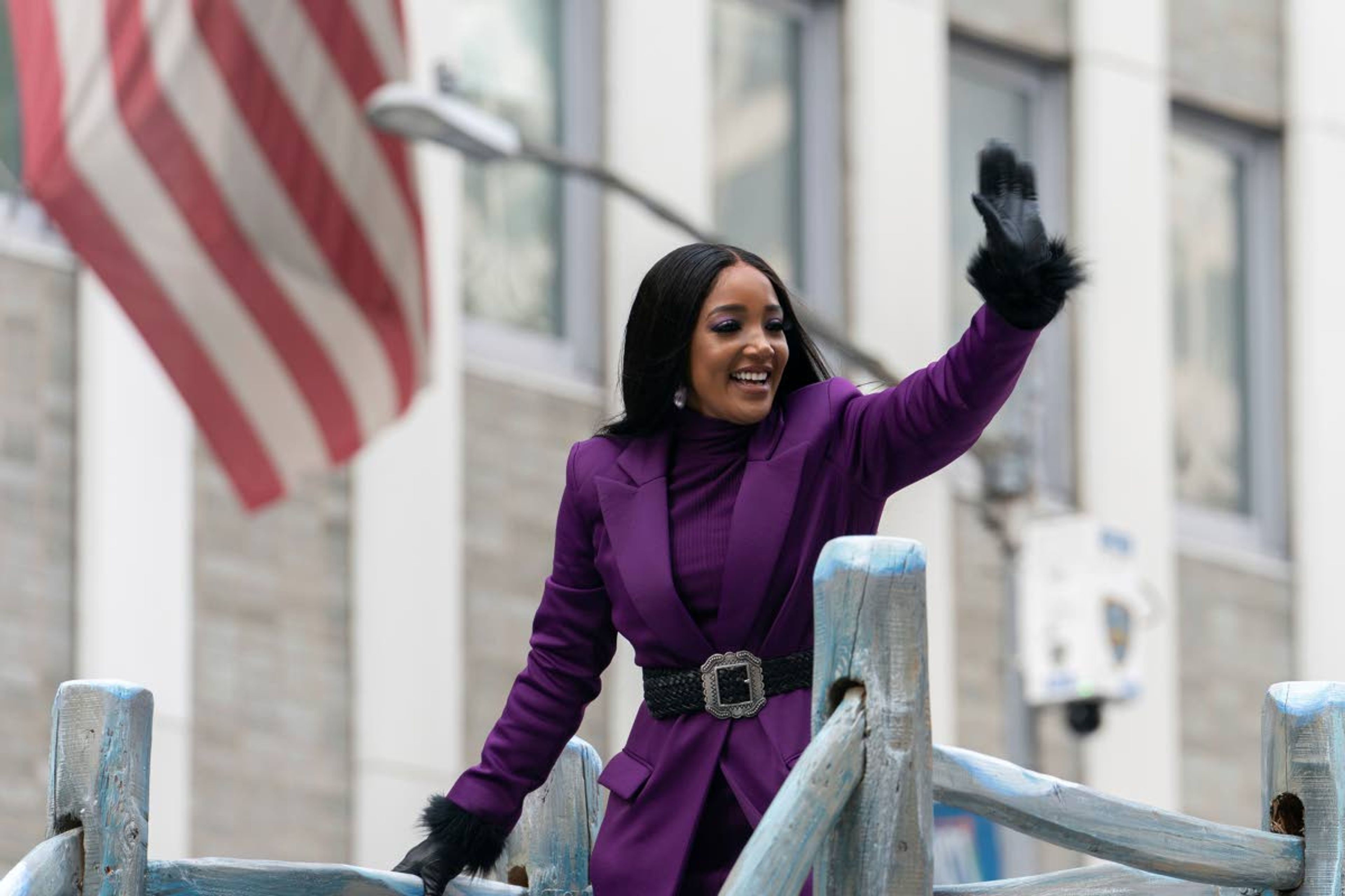 Mickey Guyton rides on a float during the Macy's Thanksgiving Day Parade, Thursday, Nov. 25, 2021, in New York. The Macy's Thanksgiving Day Parade returned in full, after being crimped by the coronavirus pandemic last year. (AP Photo/Jeenah Moon)