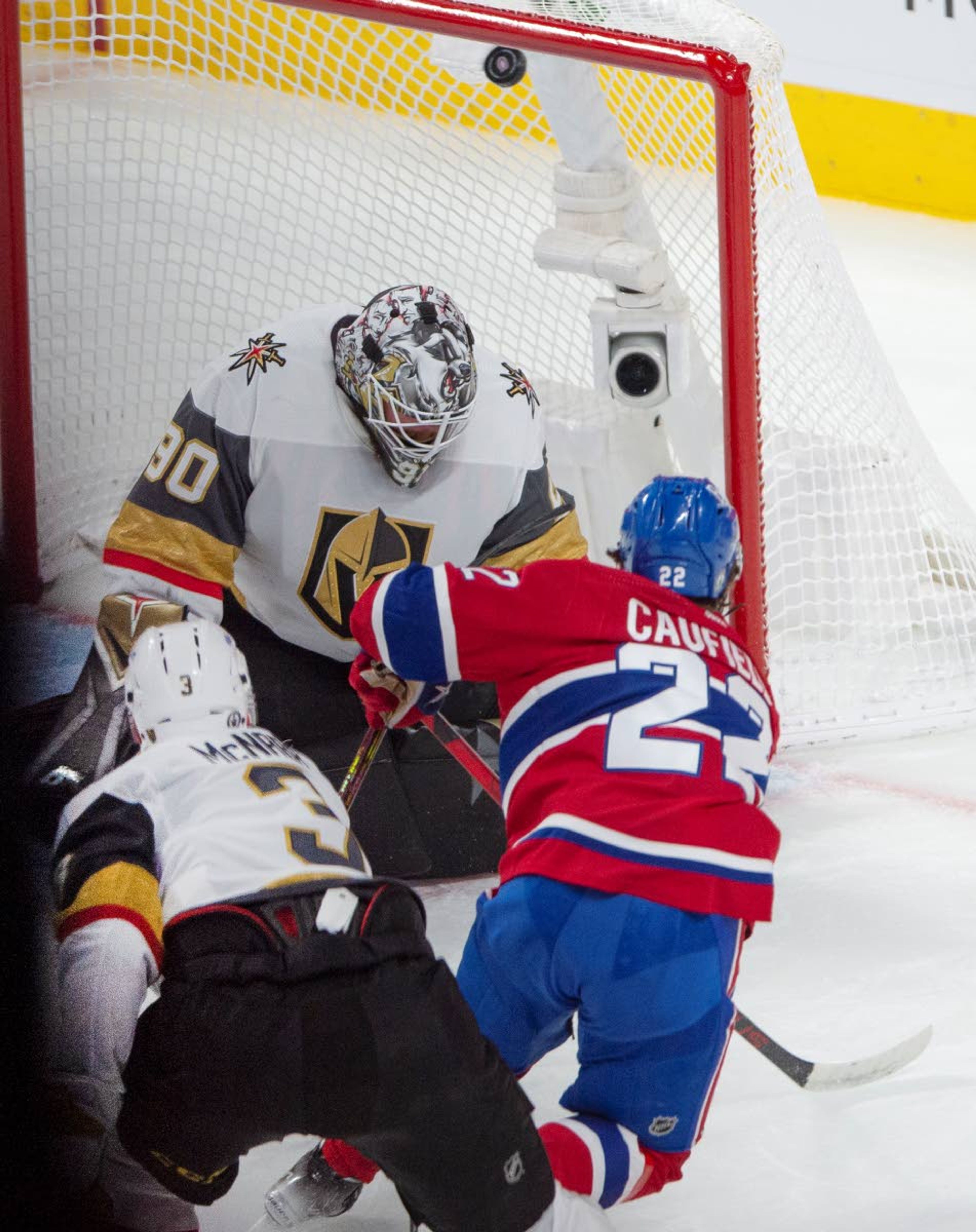 Montreal Canadiens' Cole Caufield (22) scores on Vegas Golden Knights goaltender Robin Lehner (90) during the second period in Game 6 of an NHL hockey Stanley Cup semifinal playoff series Thursday, June 24, 2021 in Montreal. (Ryan Remiorz/The Canadian Press via AP)