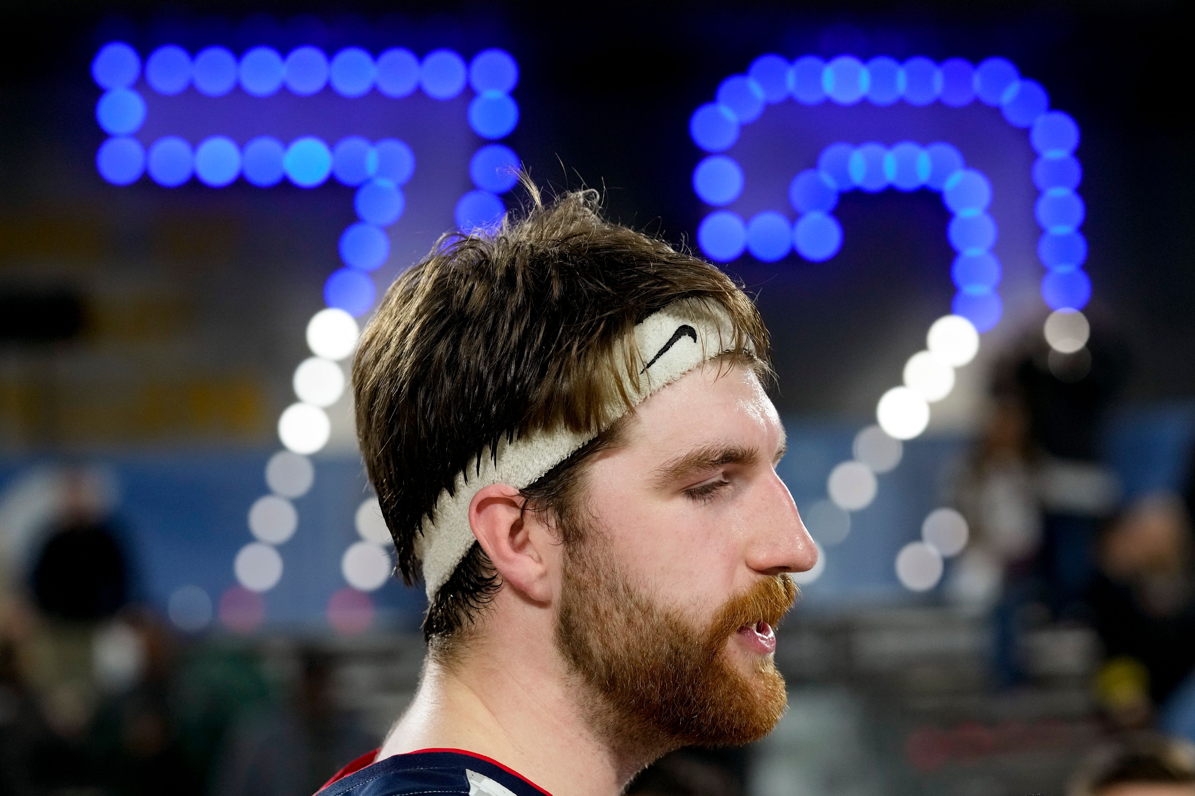 Gonzaga forward Drew Timme speaks with reporters after Gonzaga defeated Michigan State 64-63 in the Carrier Classic NCAA college basketball game aboard the USS Abraham Lincoln, Friday, Nov. 11, 2022, in Coronado, Calif. (AP Photo/Gregory Bull)