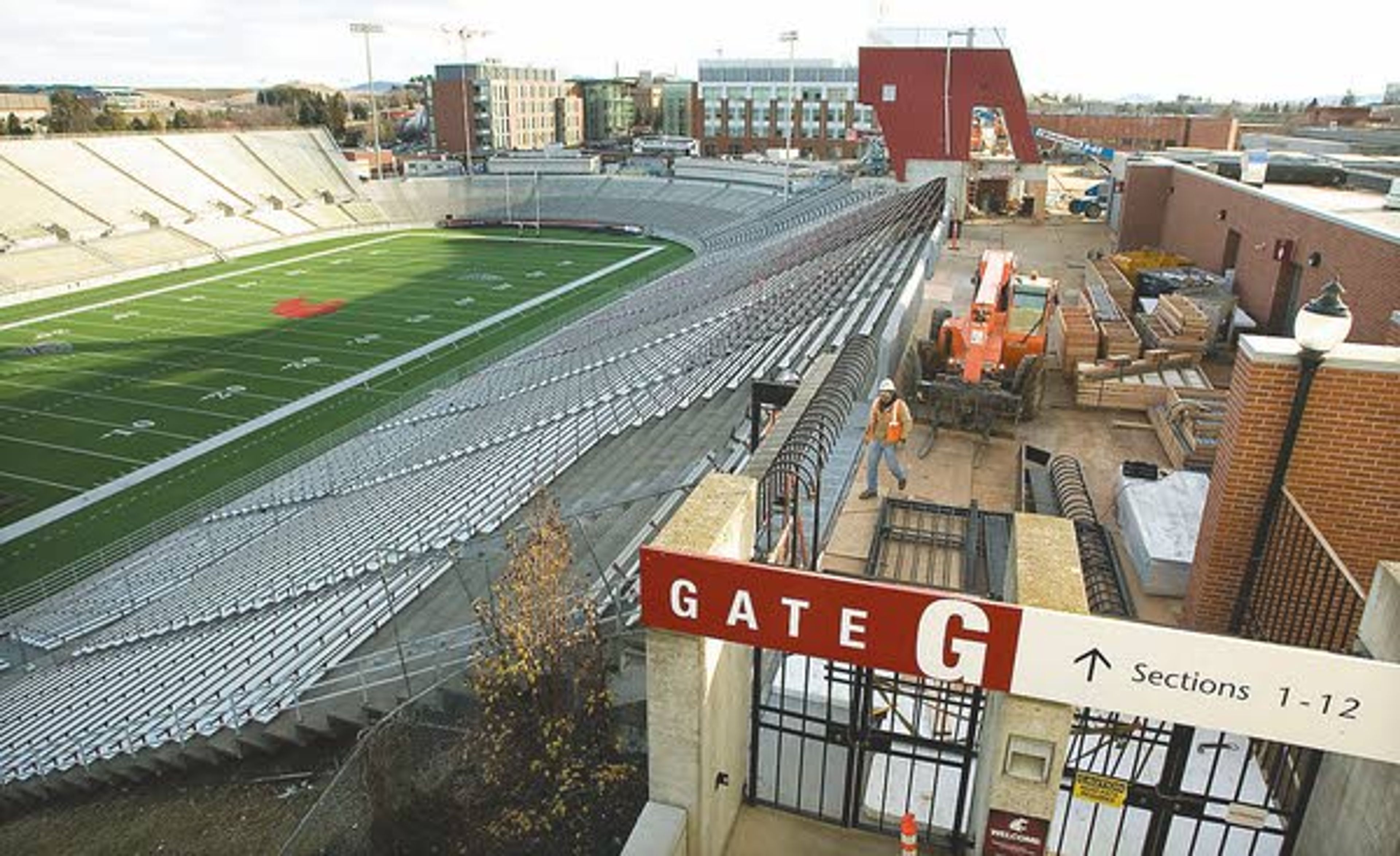 Construction continues on the south concourse of Martin Stadium
in Pullman on Wednesday. The work is part of an $80 million project
to create a new press box and luxury seats.