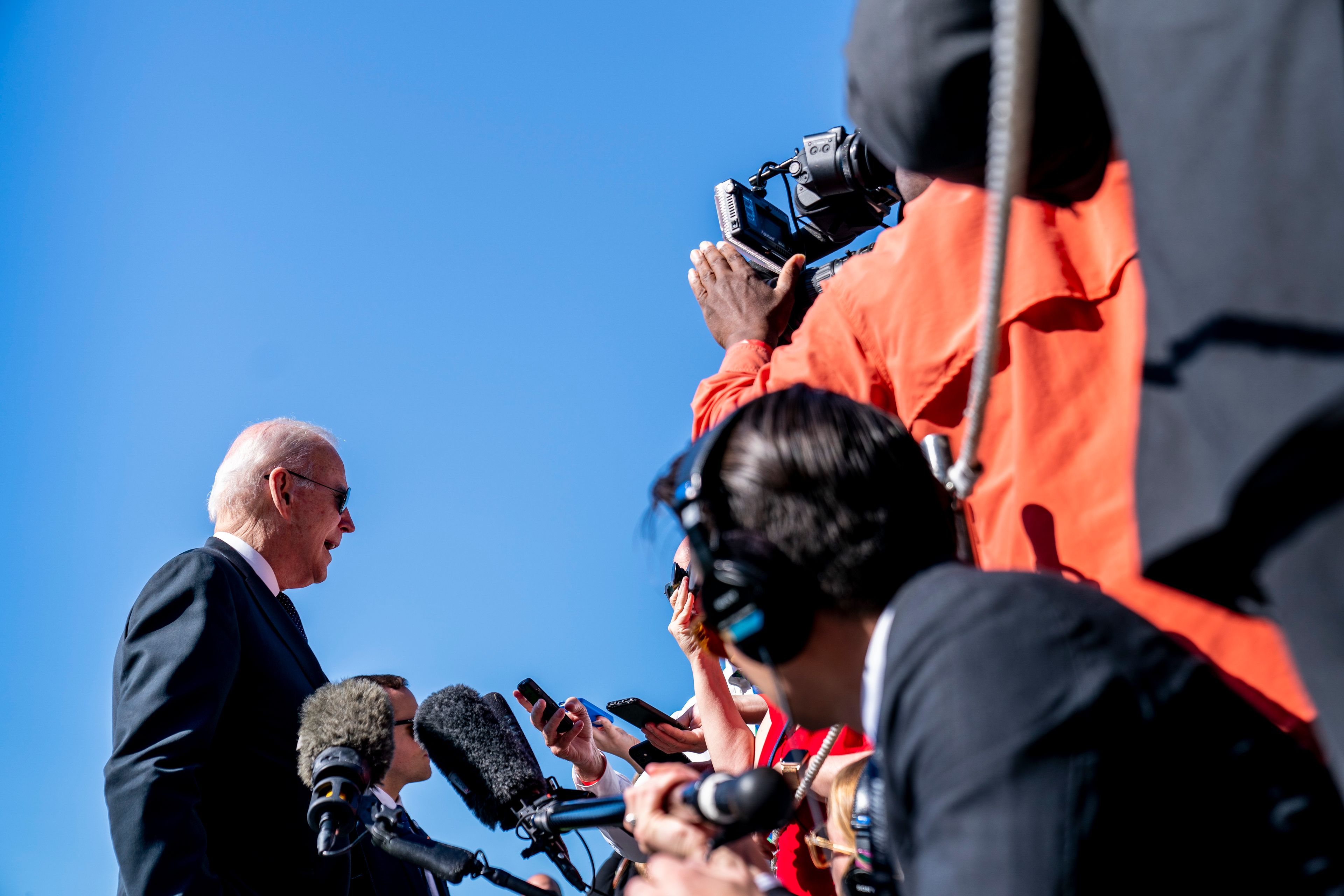 President Joe Biden speaks to members of the media on the South Lawn of the White House in Washington, Monday, May 30, 2022, after returning from Wilmington, Del. (AP Photo/Andrew Harnik)