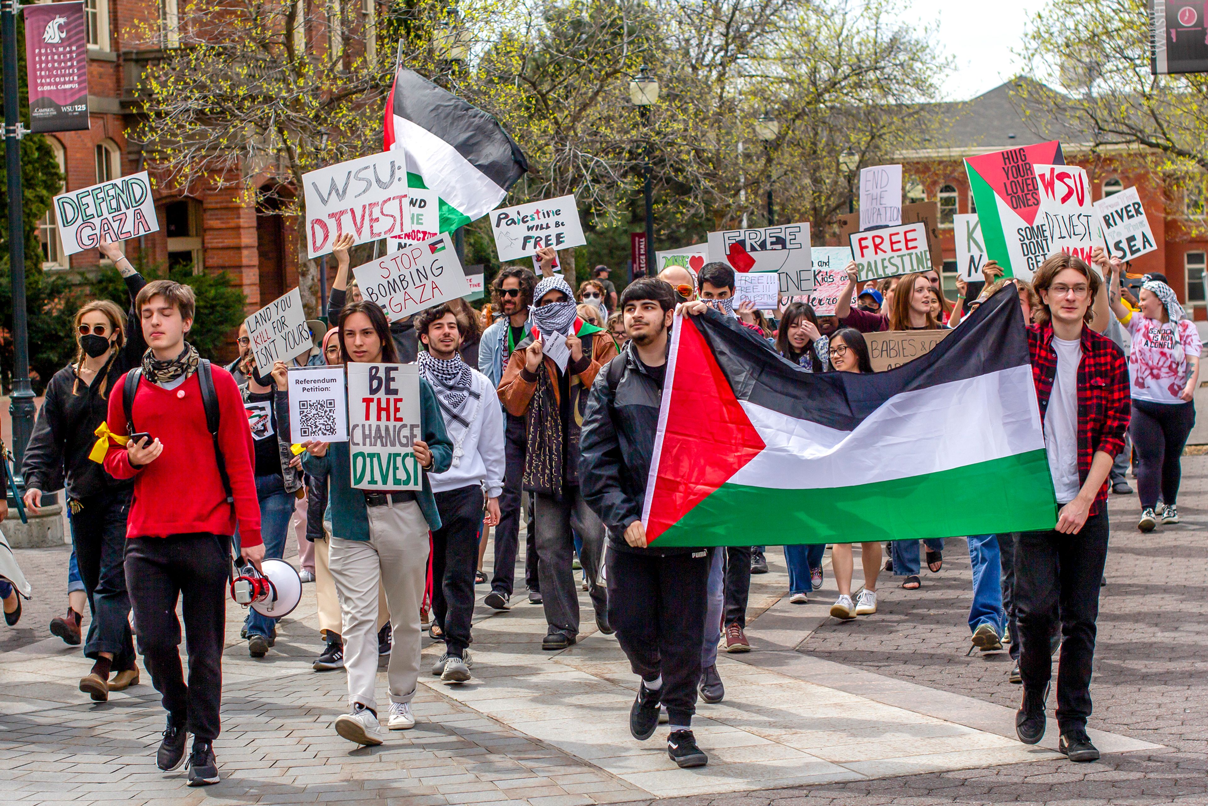 Washington State University students march through campus during a pro-Palestine protest Wednesday in Pullman.