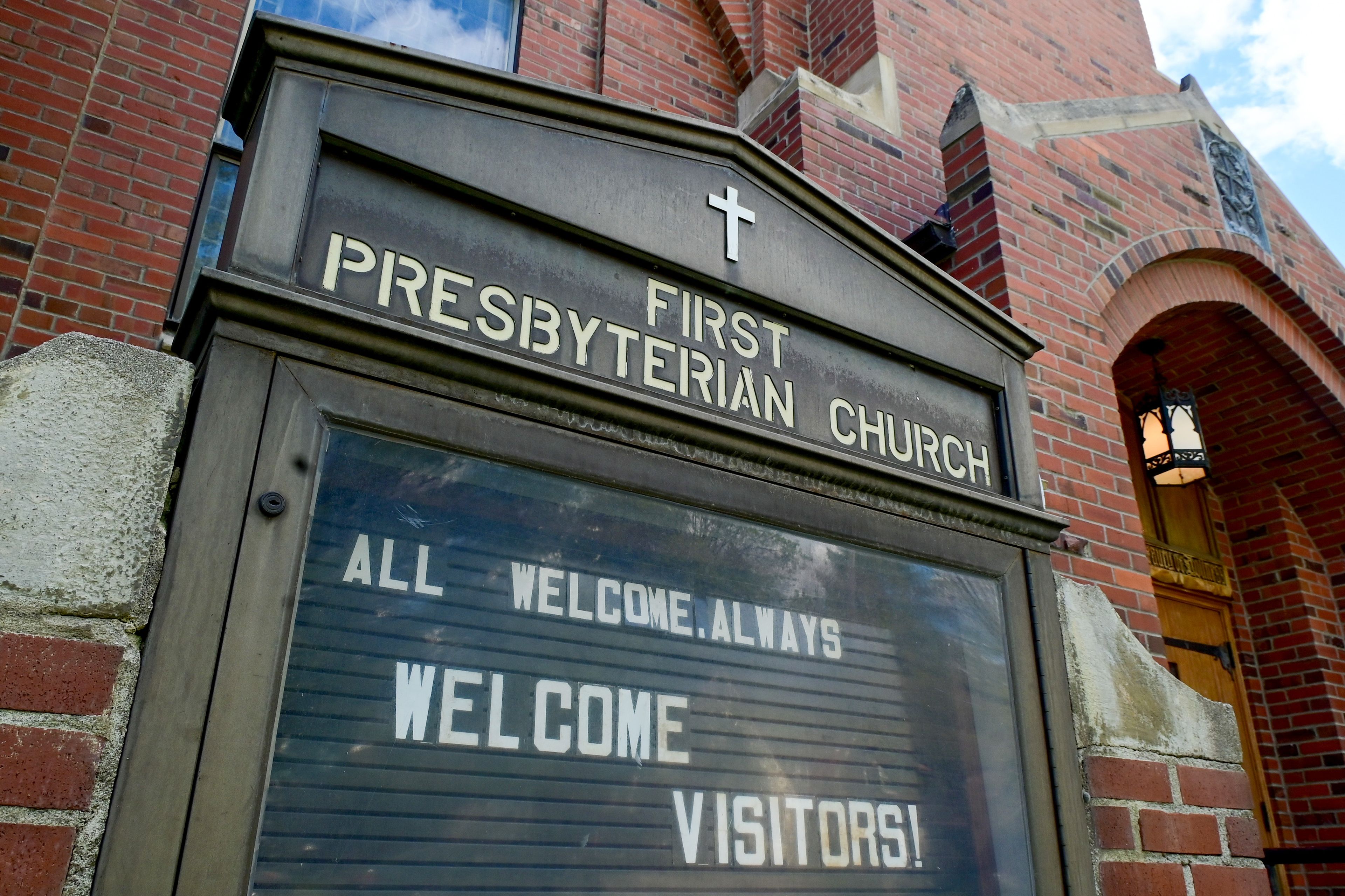 A sign welcomes visitors to First Presbyterian Church in Moscow on Wednesday.