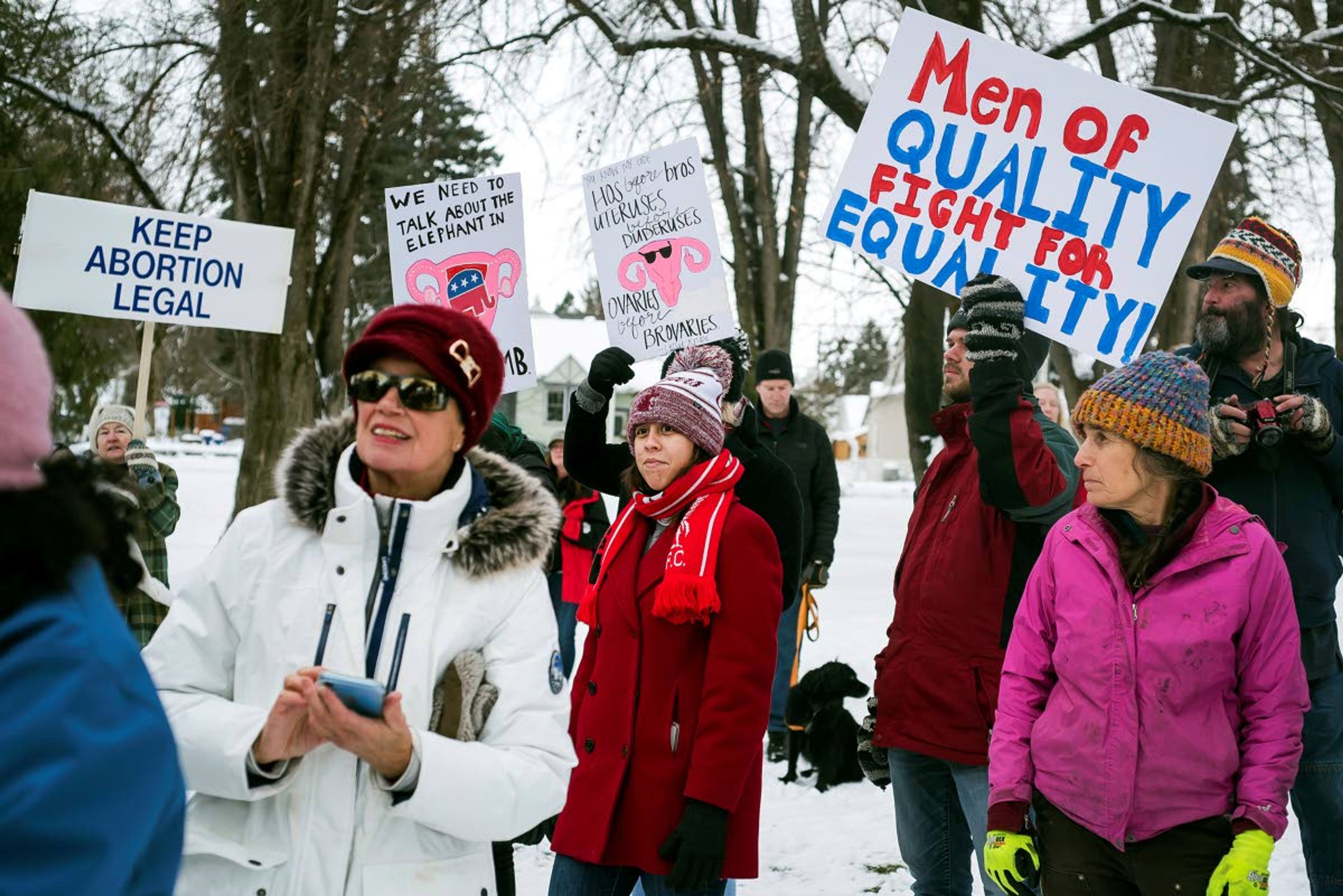 Rebecca Noble/Lewiston TribuneProtesters listen to speakers during the 2020 Women’s March on the Palouse at East City Park in Moscow on Saturday.