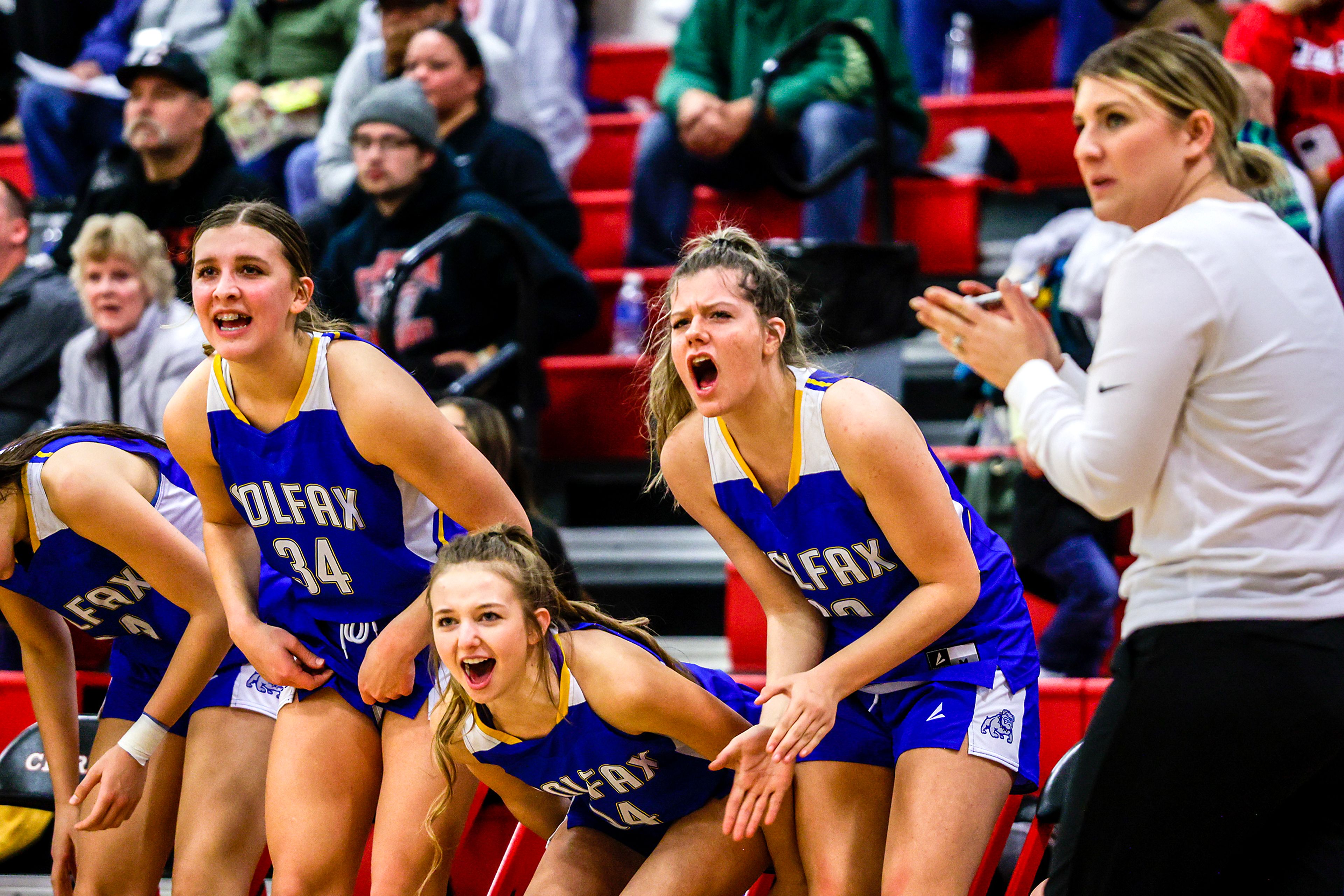 The Colfax bench reacts to a basket against Clarkston in a quarter of a nonleague game Thursday at Clarkston.