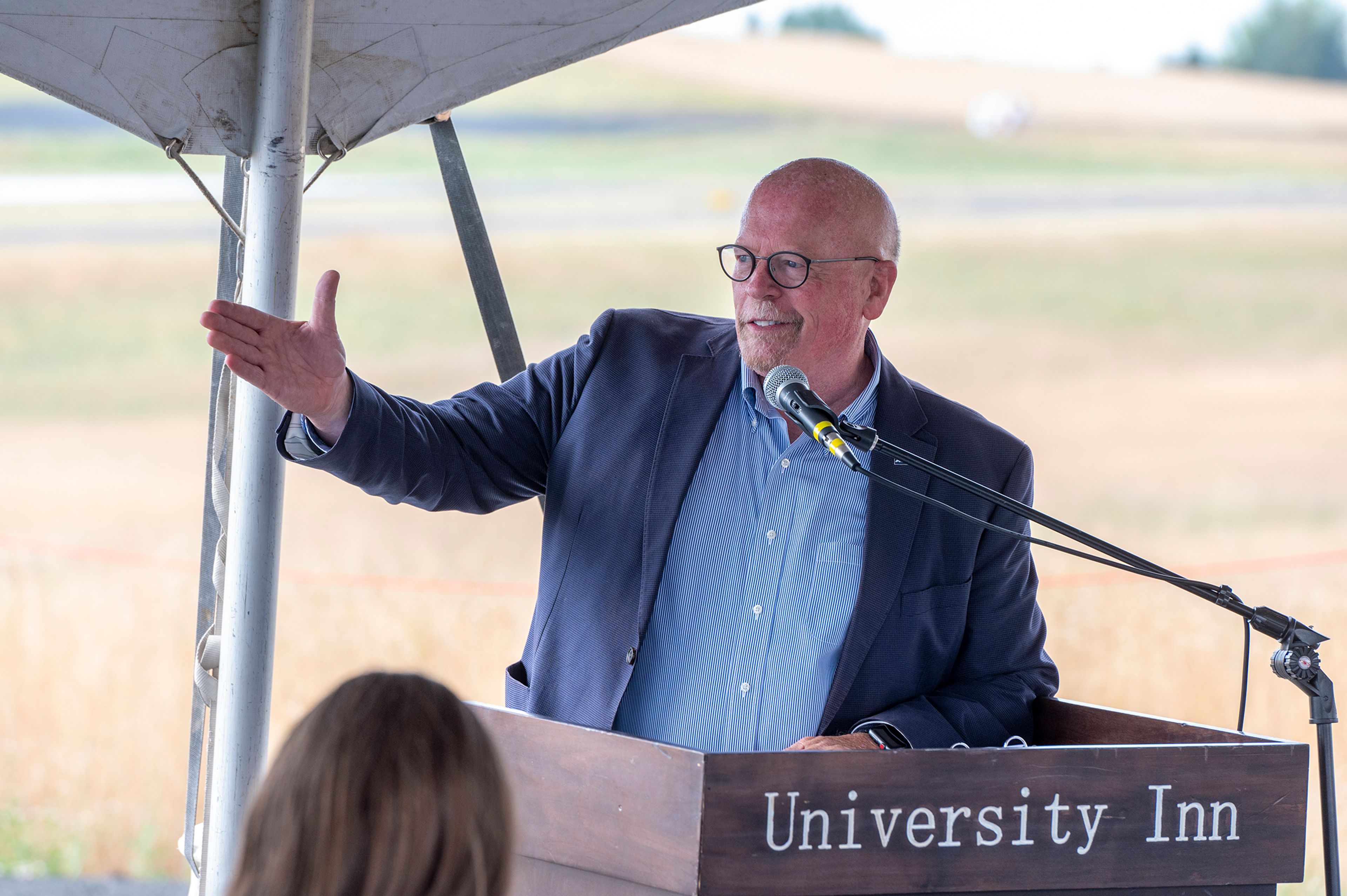 Paul Kimmell speaks to a crowd during a groundbreaking event for the new Pullman-Moscow Regional Airport terminal.